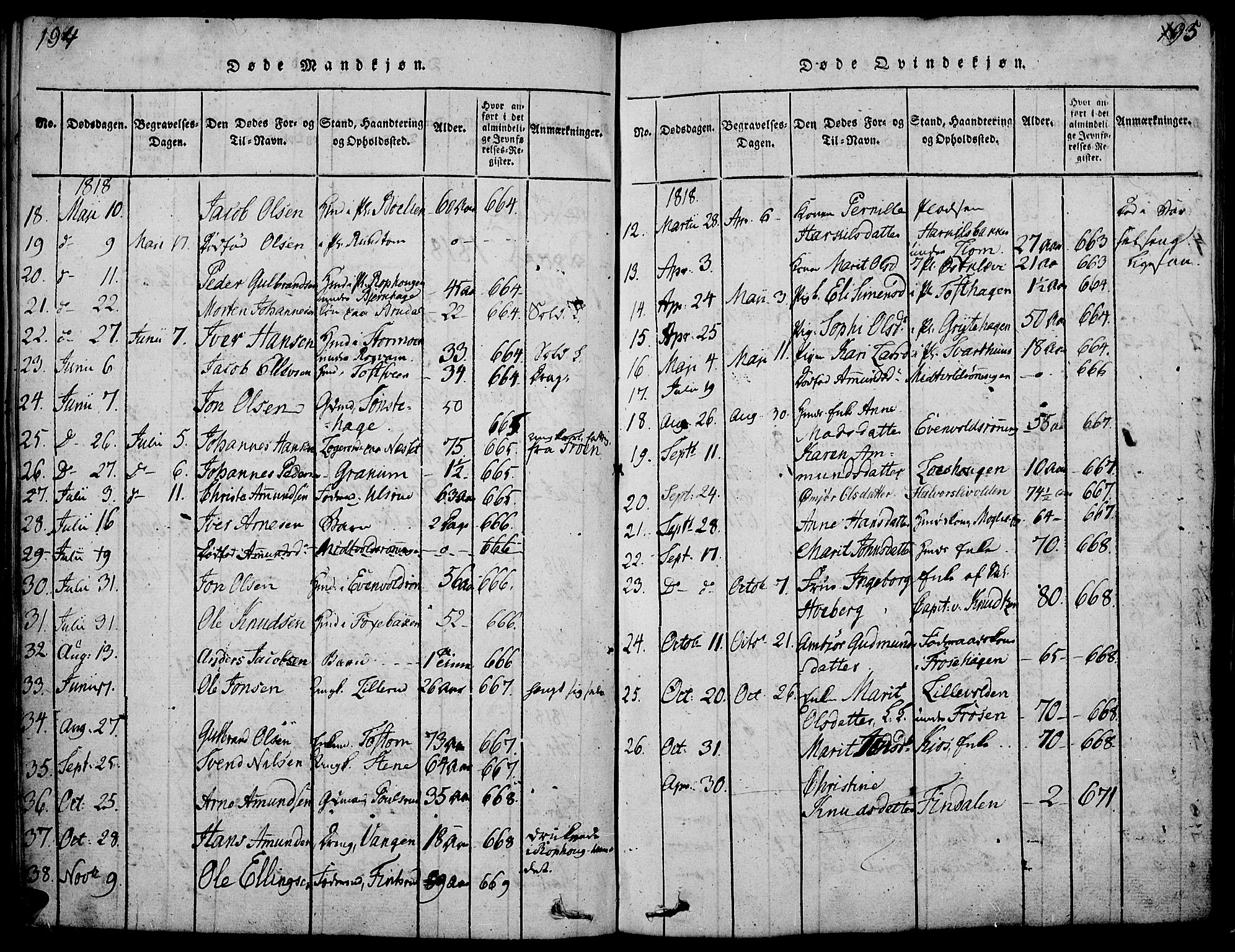 Gausdal prestekontor, SAH/PREST-090/H/Ha/Haa/L0005: Parish register (official) no. 5, 1817-1829, p. 194-195