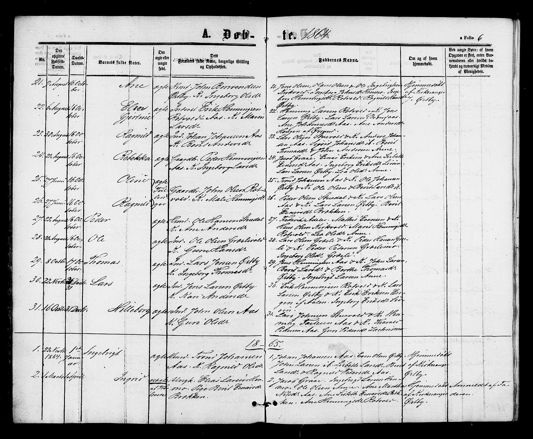 Ministerialprotokoller, klokkerbøker og fødselsregistre - Sør-Trøndelag, SAT/A-1456/698/L1163: Parish register (official) no. 698A01, 1862-1887, p. 6a