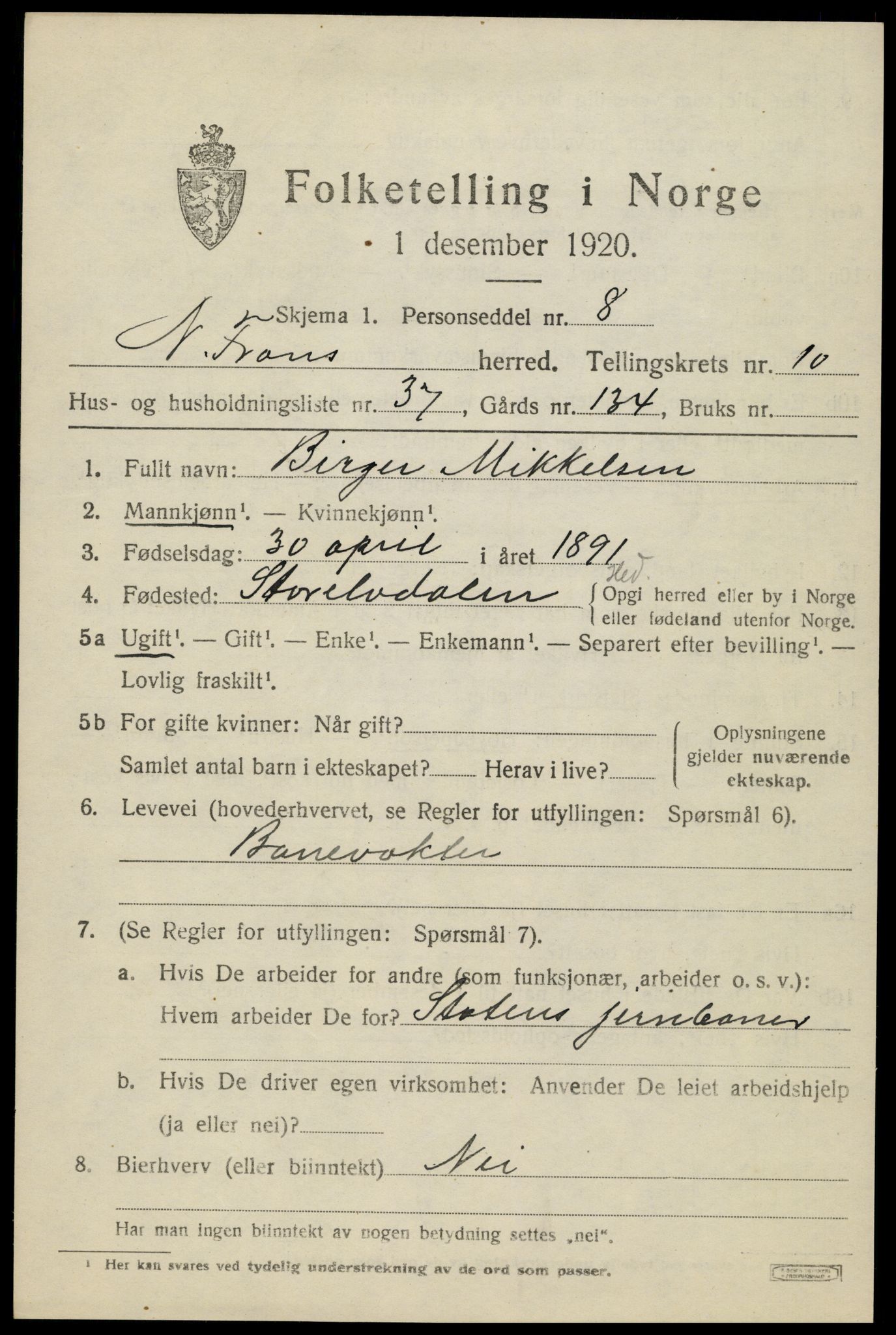 SAH, 1920 census for Nord-Fron, 1920, p. 8414