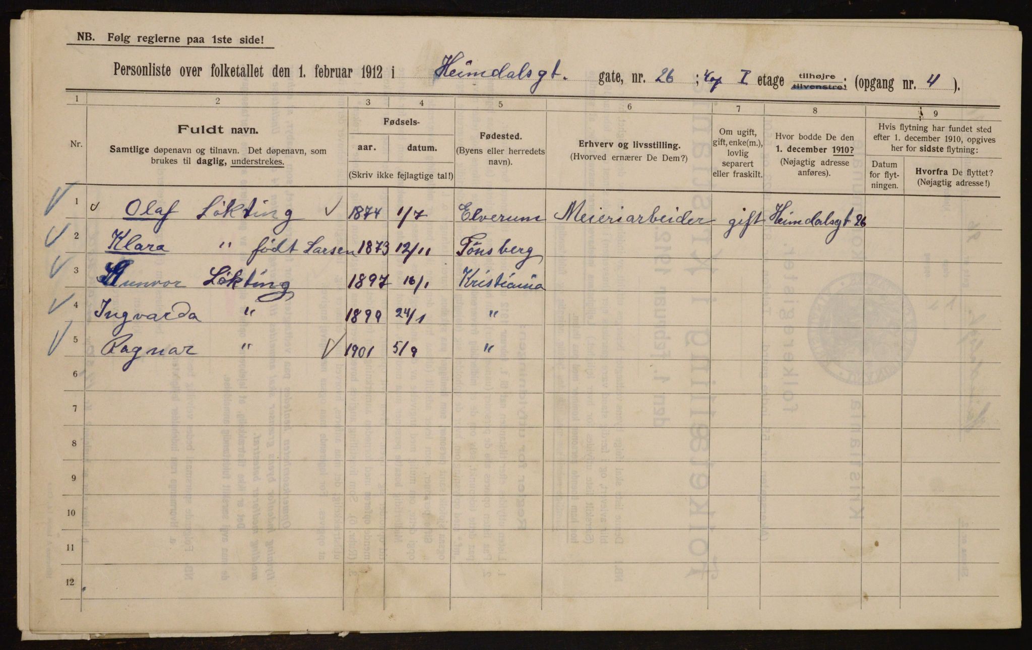 OBA, Municipal Census 1912 for Kristiania, 1912, p. 37176