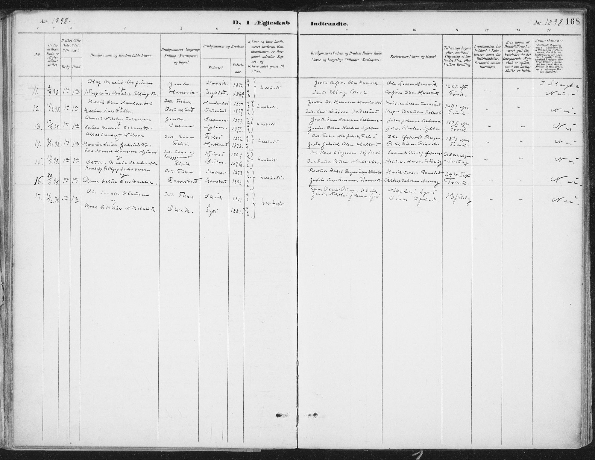 Ministerialprotokoller, klokkerbøker og fødselsregistre - Nord-Trøndelag, SAT/A-1458/786/L0687: Parish register (official) no. 786A03, 1888-1898, p. 168