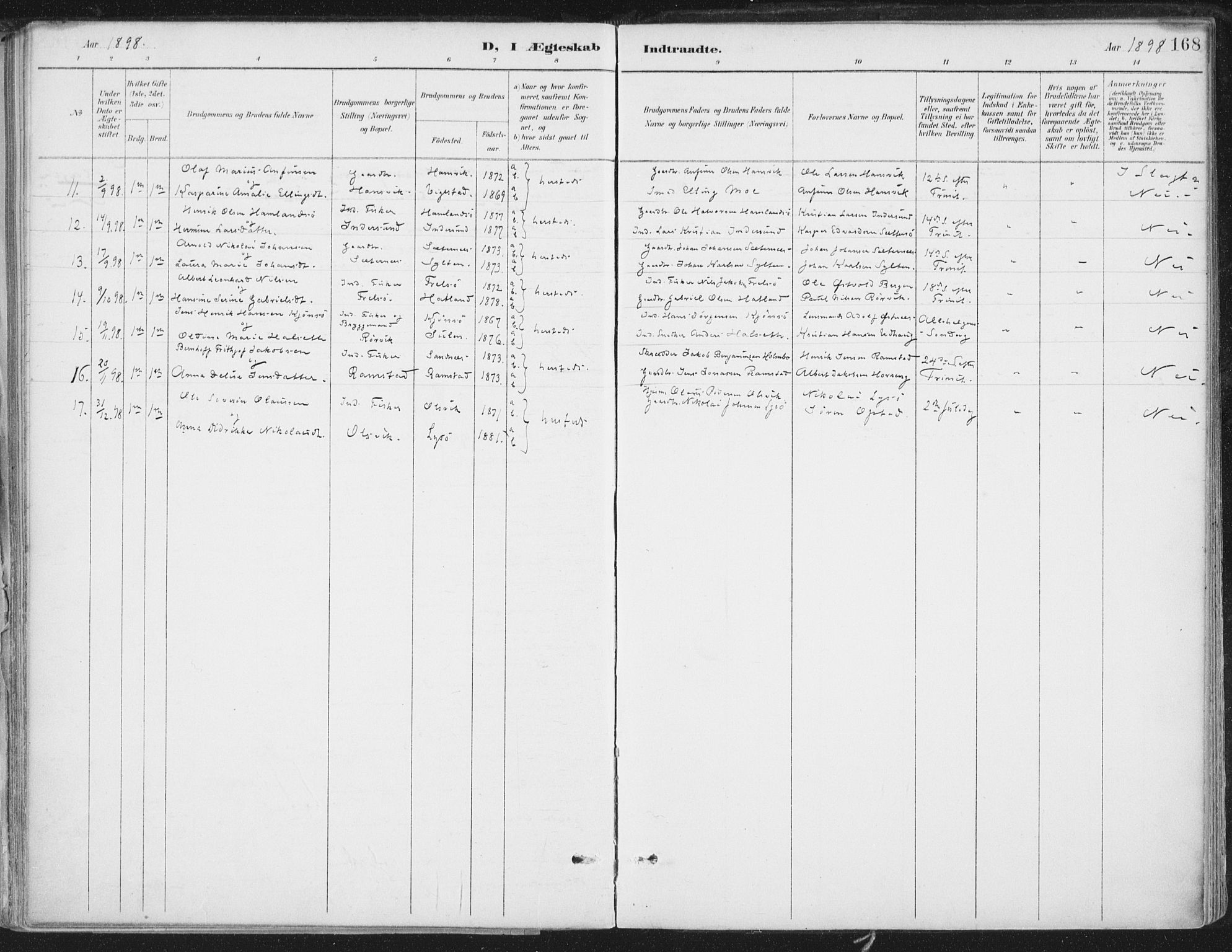 Ministerialprotokoller, klokkerbøker og fødselsregistre - Nord-Trøndelag, AV/SAT-A-1458/786/L0687: Parish register (official) no. 786A03, 1888-1898, p. 168