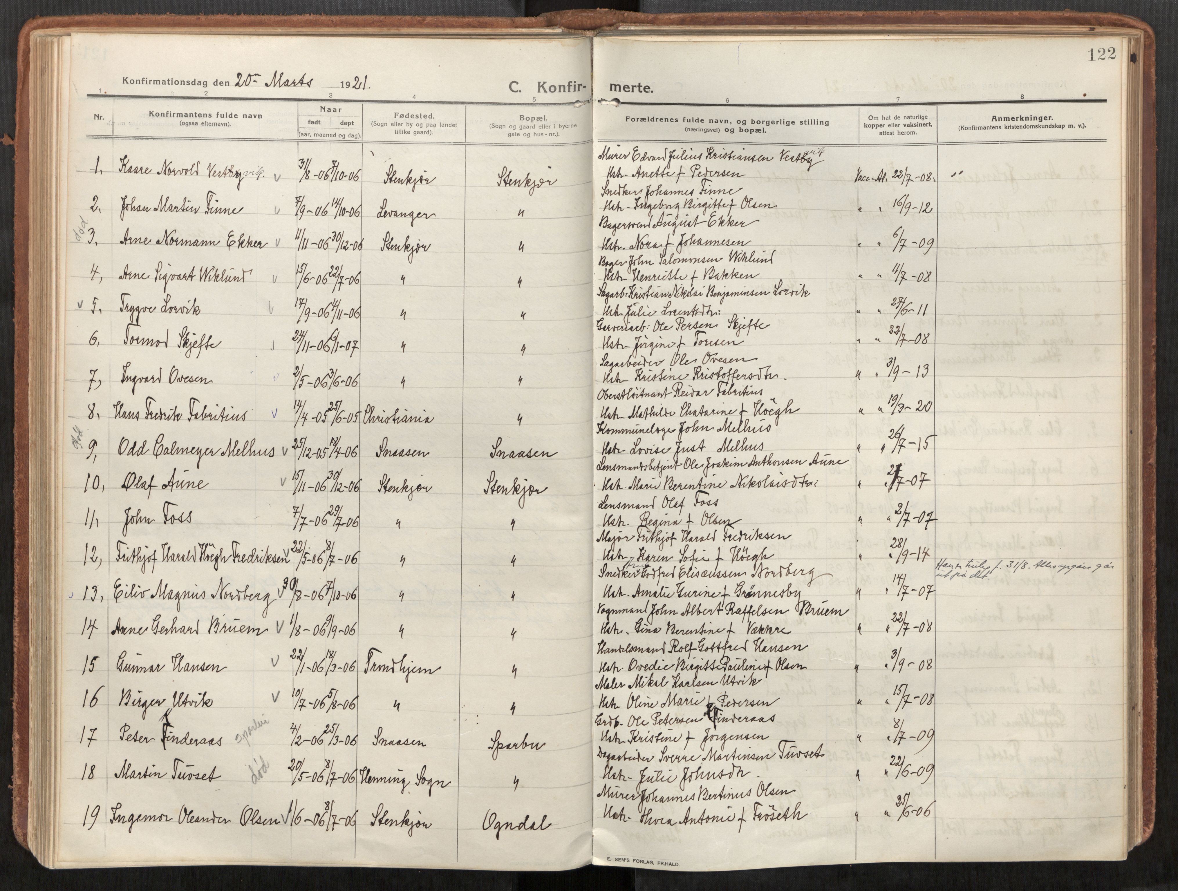 Steinkjer sokneprestkontor, AV/SAT-A-1541/01/H/Ha/Haa/L0003: Parish register (official) no. 3, 1913-1922, p. 122