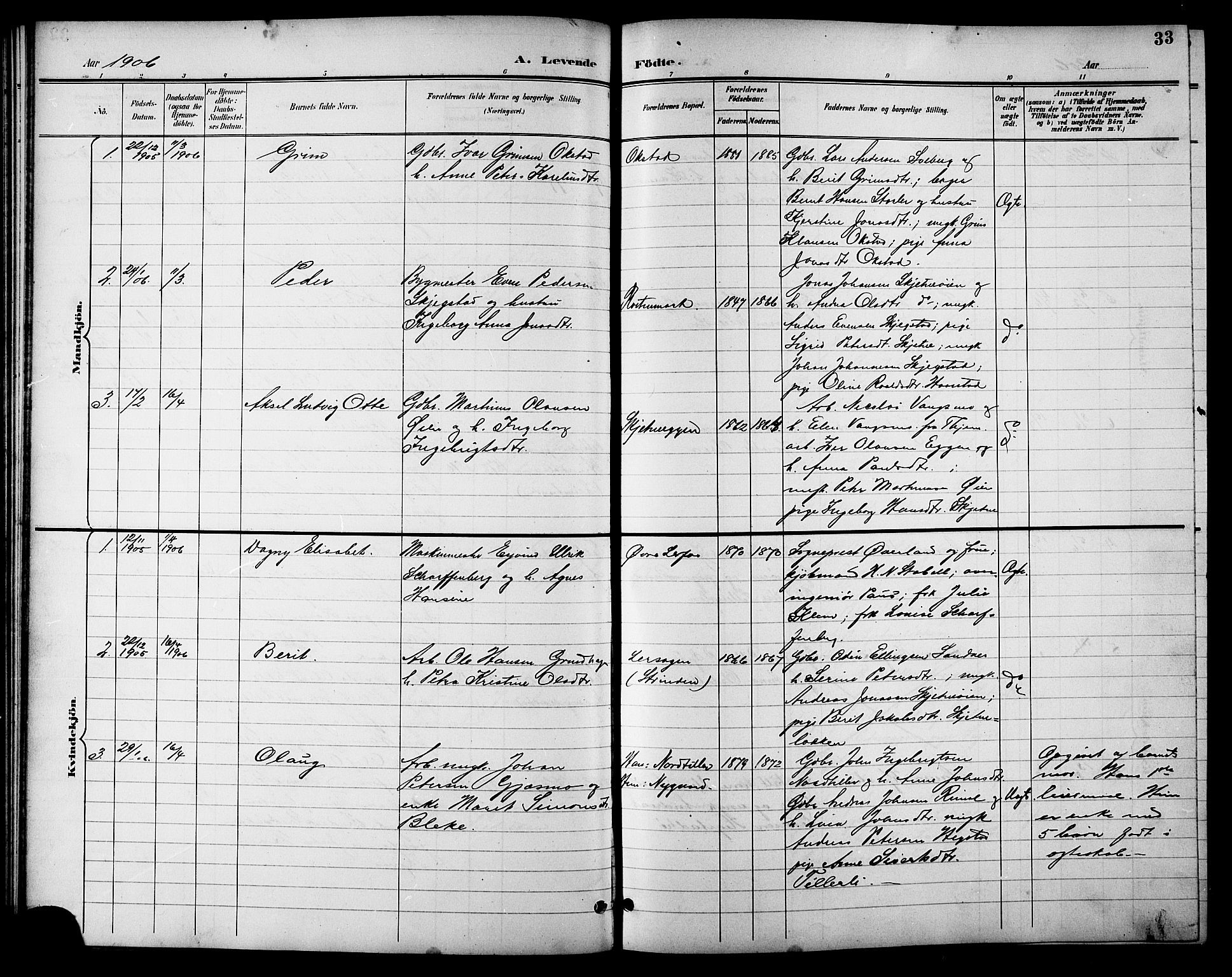Ministerialprotokoller, klokkerbøker og fødselsregistre - Sør-Trøndelag, SAT/A-1456/621/L0460: Parish register (copy) no. 621C03, 1896-1914, p. 33