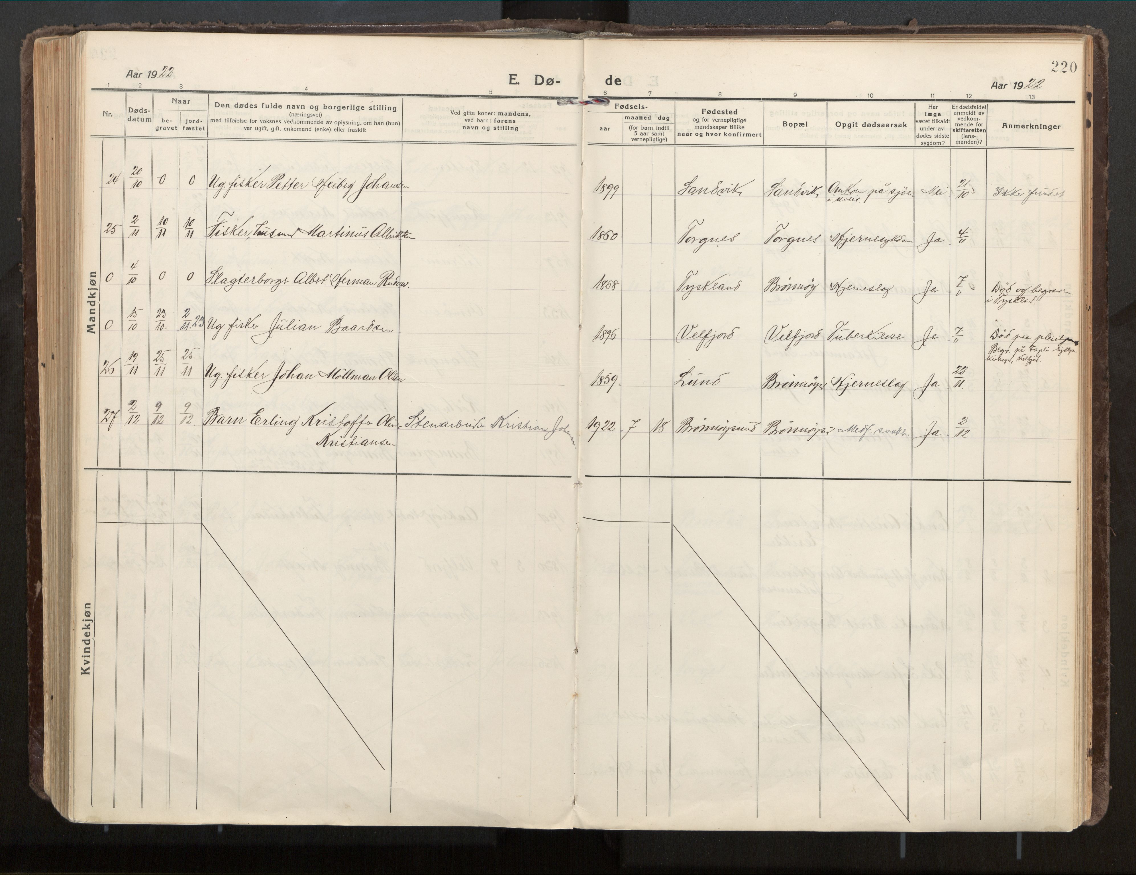 Ministerialprotokoller, klokkerbøker og fødselsregistre - Nordland, SAT/A-1459/813/L0207a: Parish register (official) no. 813A18, 1919-1927, p. 220