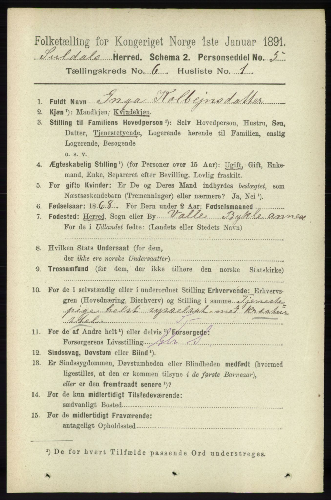 RA, 1891 census for 1134 Suldal, 1891, p. 1599