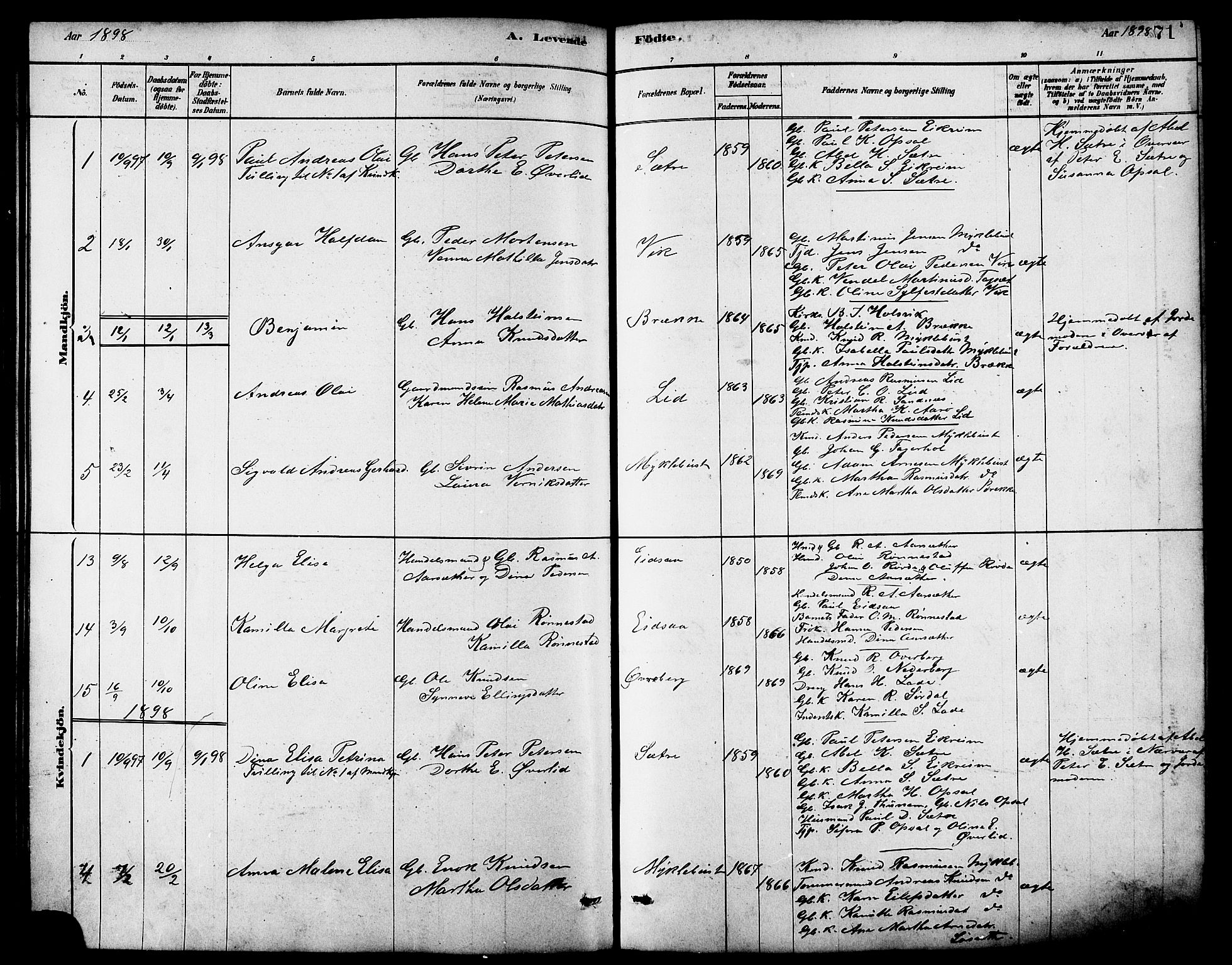 Ministerialprotokoller, klokkerbøker og fødselsregistre - Møre og Romsdal, AV/SAT-A-1454/502/L0027: Parish register (copy) no. 502C01, 1878-1908, p. 71