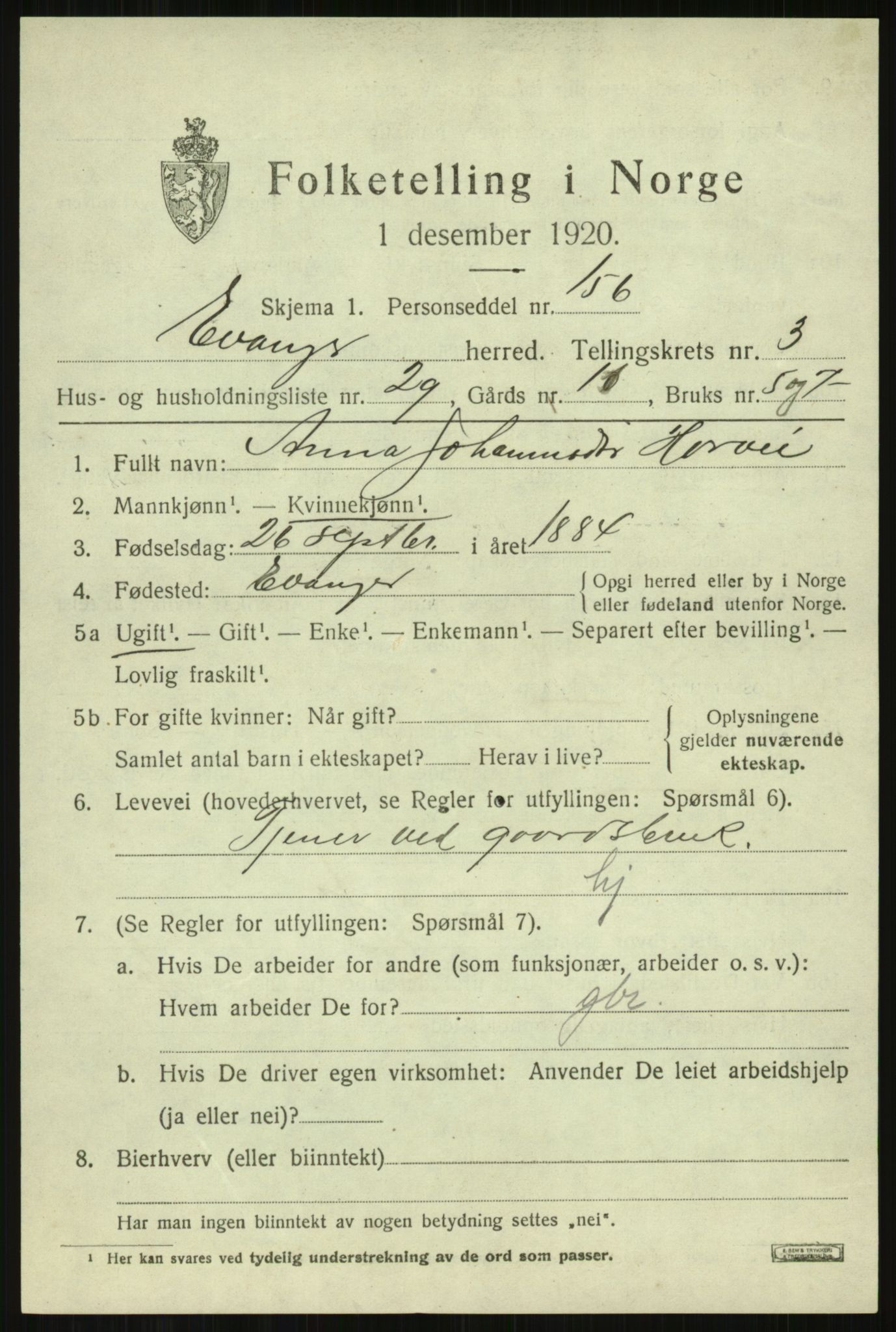 SAB, 1920 census for Evanger, 1920, p. 1345