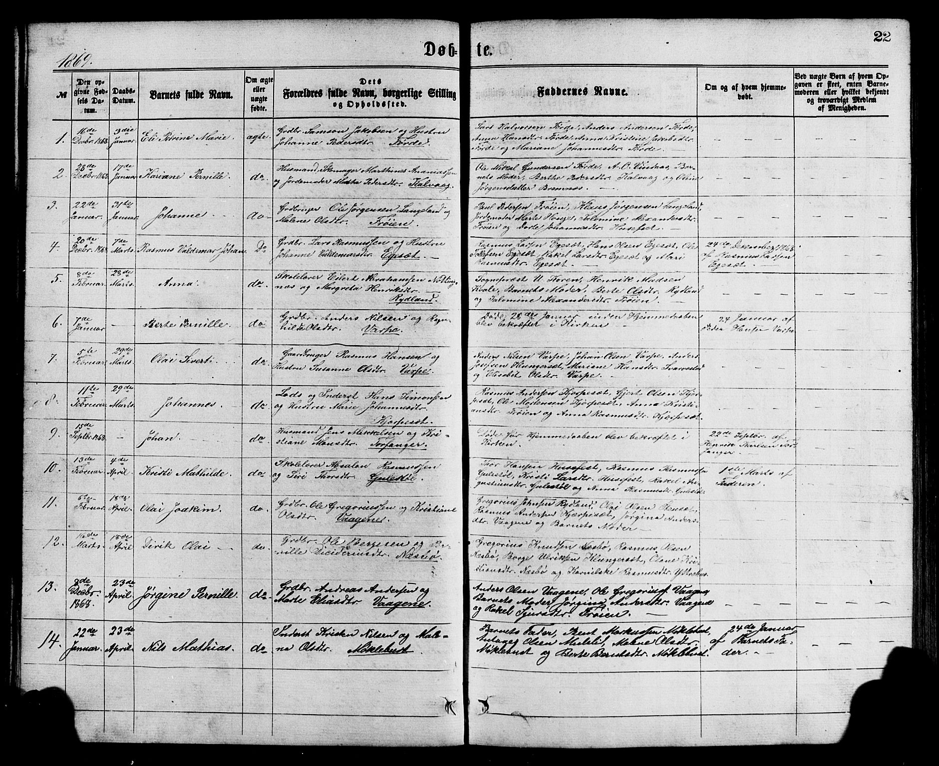 Bremanger sokneprestembete, SAB/A-82201/H/Hab/Haba/L0002: Parish register (copy) no. A 2, 1866-1889, p. 22