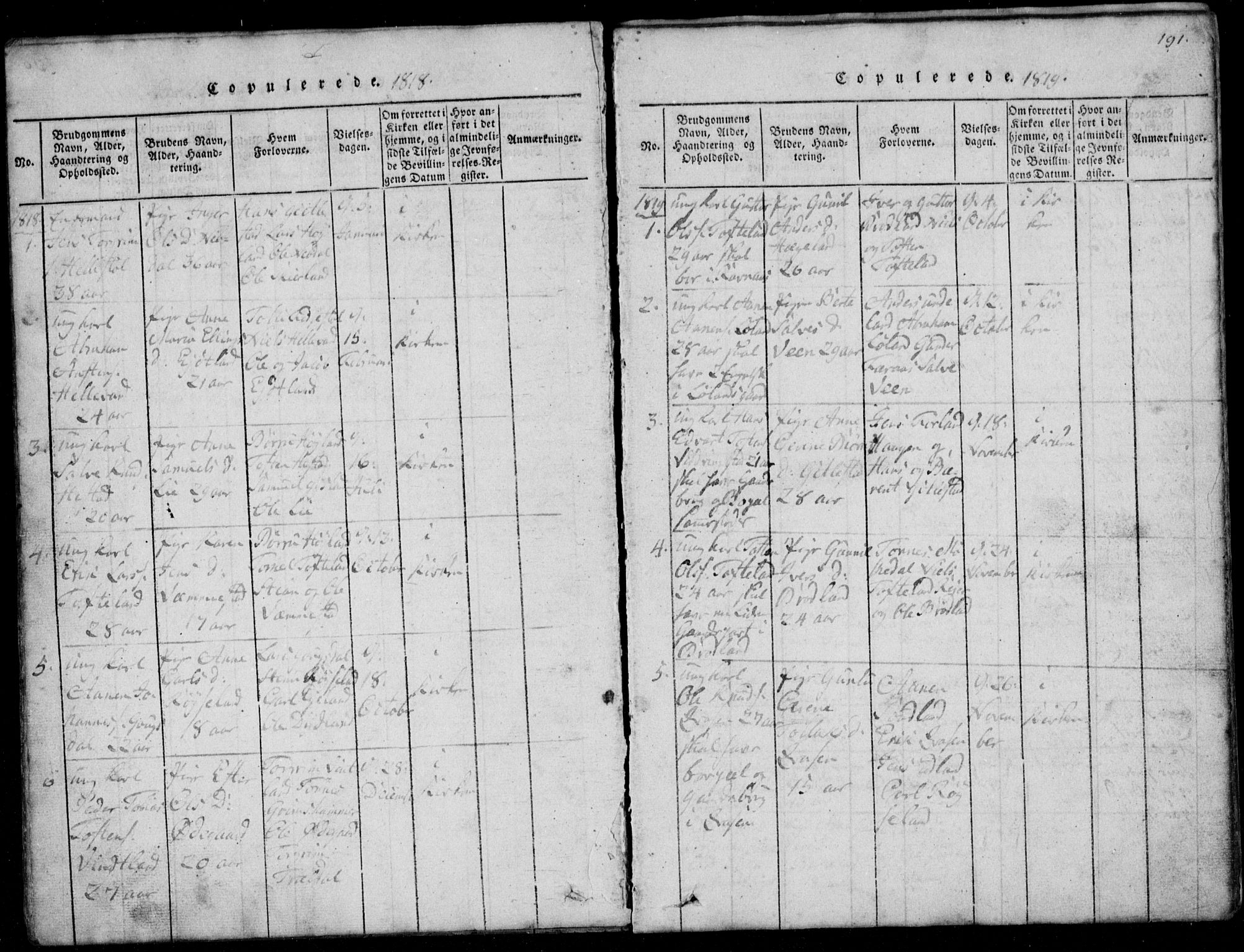 Lyngdal sokneprestkontor, SAK/1111-0029/F/Fb/Fbb/L0001: Parish register (copy) no. B 1, 1816-1900, p. 191