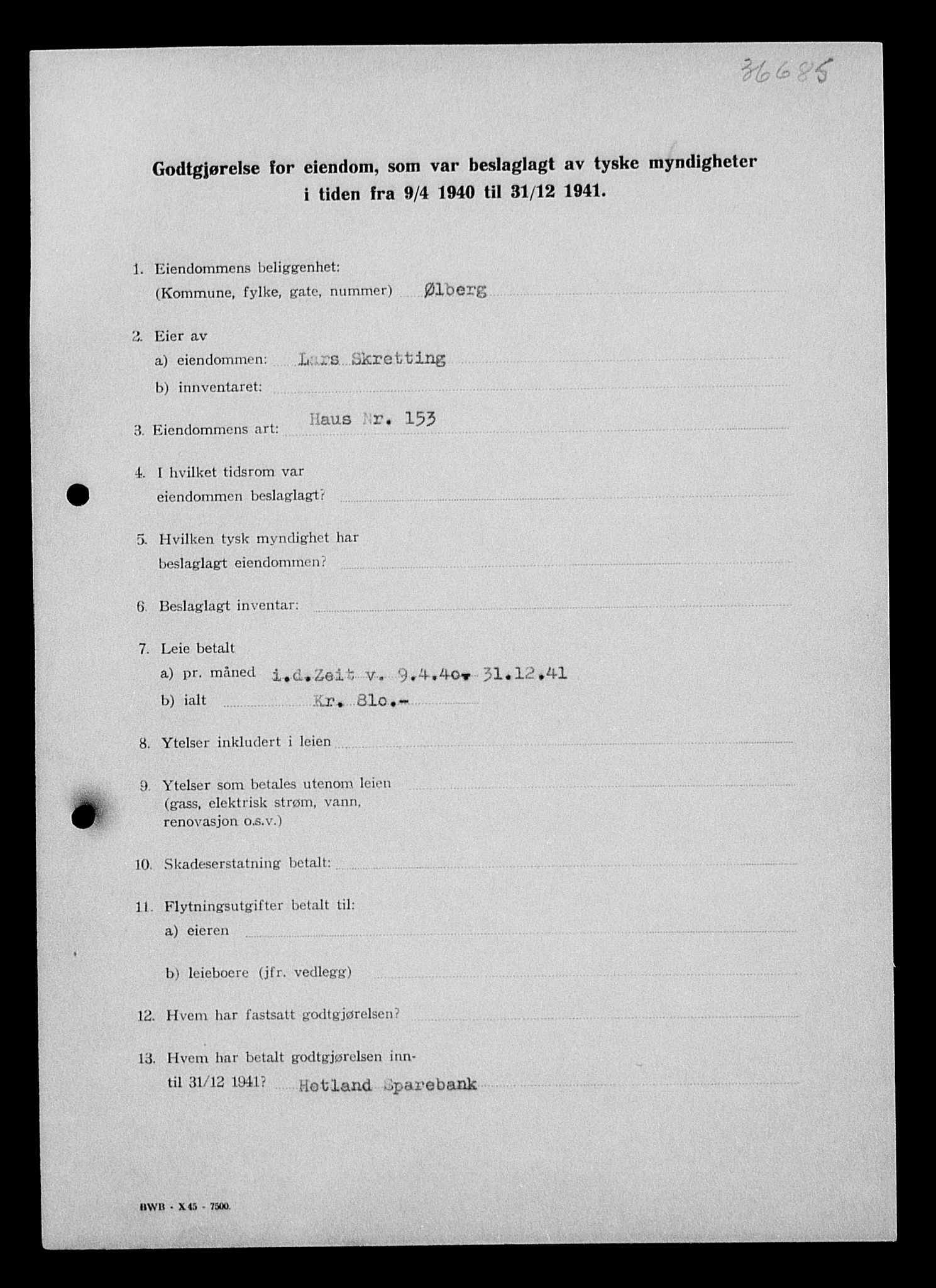 Justisdepartementet, Tilbakeføringskontoret for inndratte formuer, AV/RA-S-1564/I/L1015: Godtgjørelse for beslaglagt eiendom, 1940-1941, p. 184