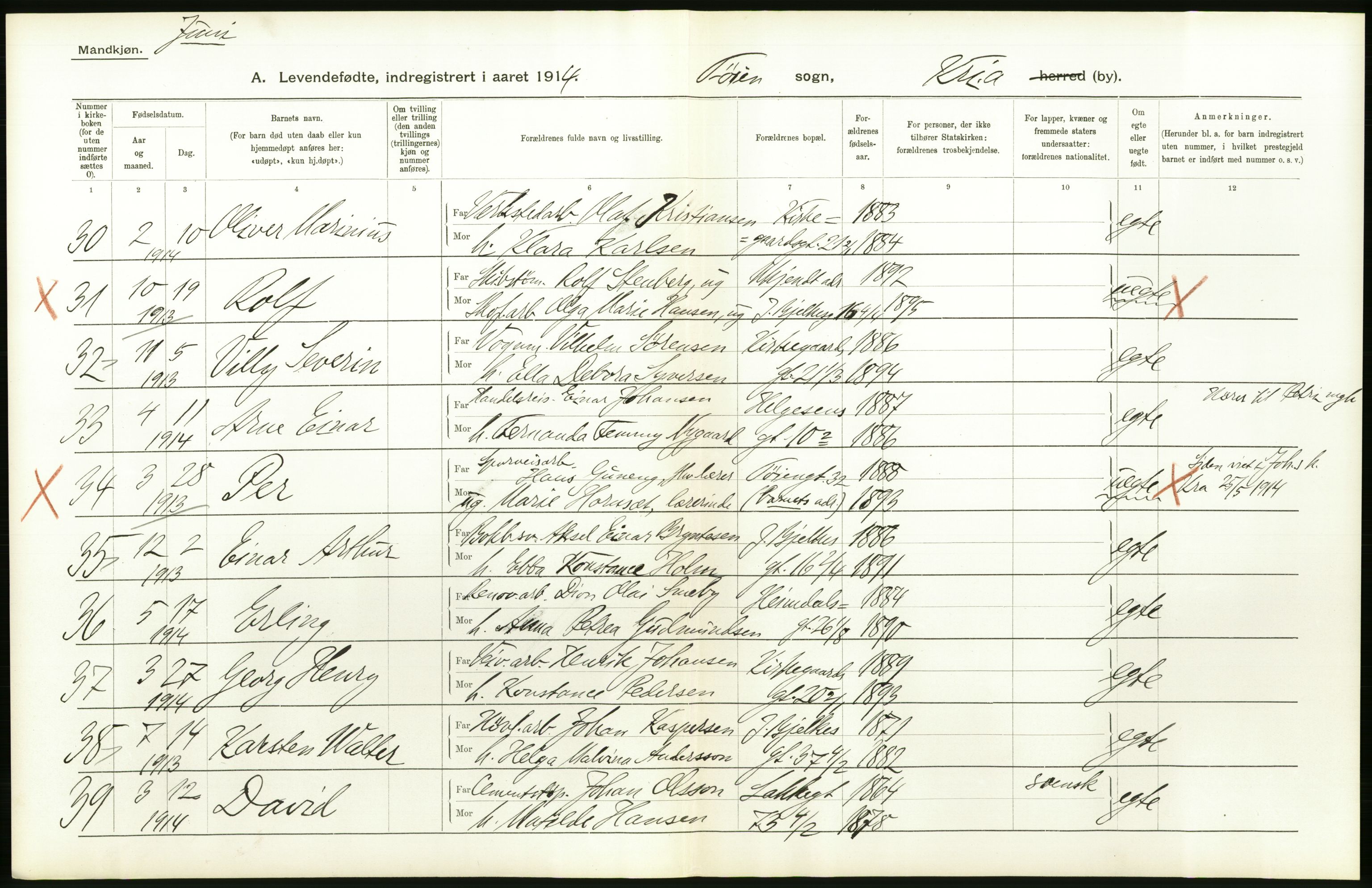 Statistisk sentralbyrå, Sosiodemografiske emner, Befolkning, RA/S-2228/D/Df/Dfb/Dfbd/L0005: Kristiania: Levendefødte menn og kvinner., 1914, p. 382