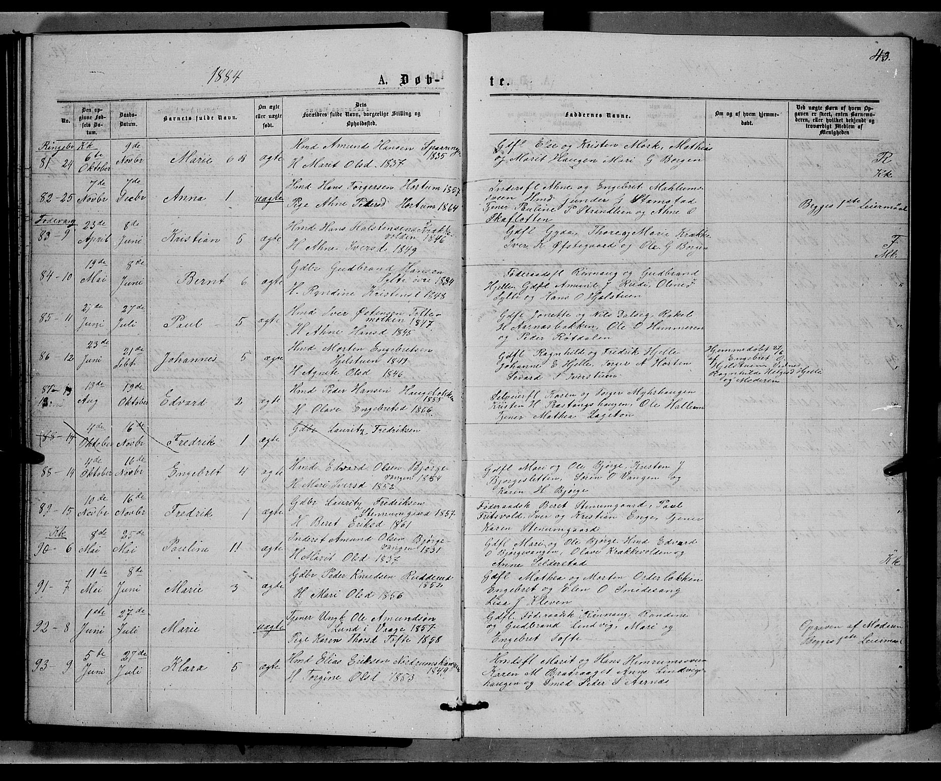 Ringebu prestekontor, AV/SAH-PREST-082/H/Ha/Hab/L0006: Parish register (copy) no. 6, 1880-1898, p. 43