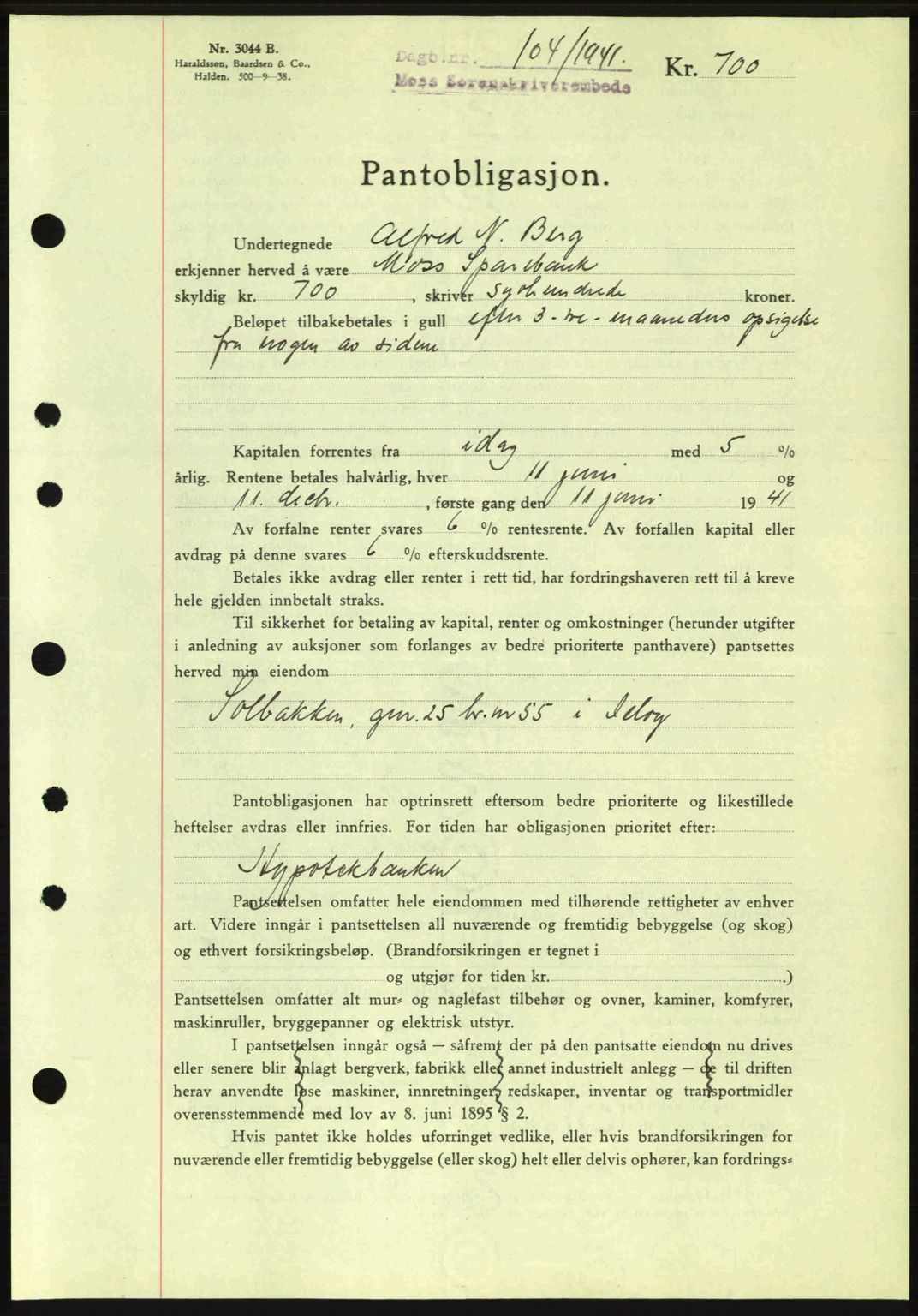 Moss sorenskriveri, SAO/A-10168: Mortgage book no. B10, 1940-1941, Diary no: : 104/1941