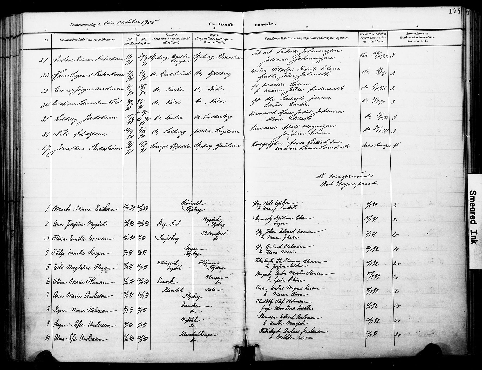 Skjeberg prestekontor Kirkebøker, SAO/A-10923/F/Fa/L0010: Parish register (official) no. I 10, 1898-1911, p. 174