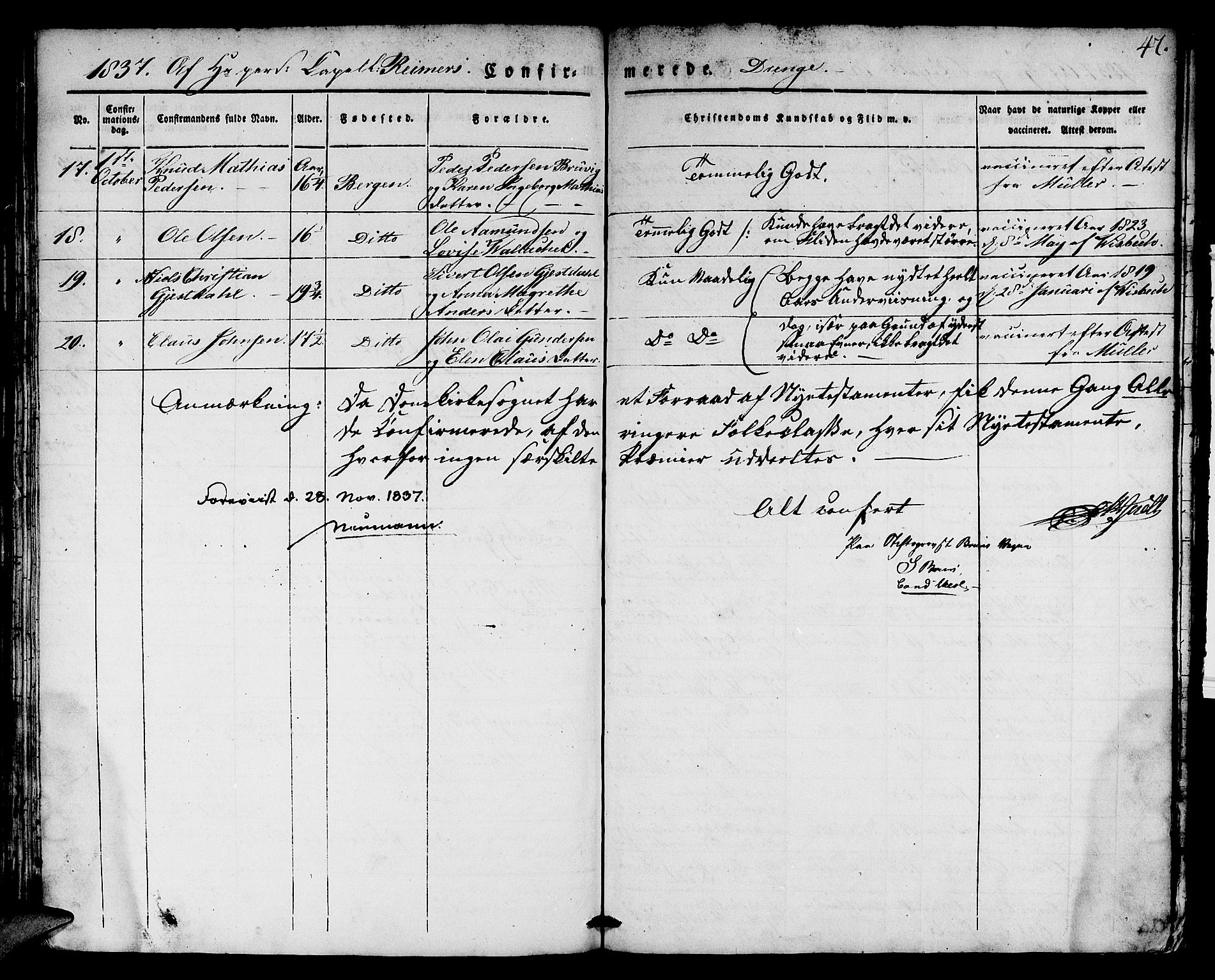 Domkirken sokneprestembete, SAB/A-74801/H/Hab/L0021: Parish register (copy) no. C 1, 1832-1838, p. 47