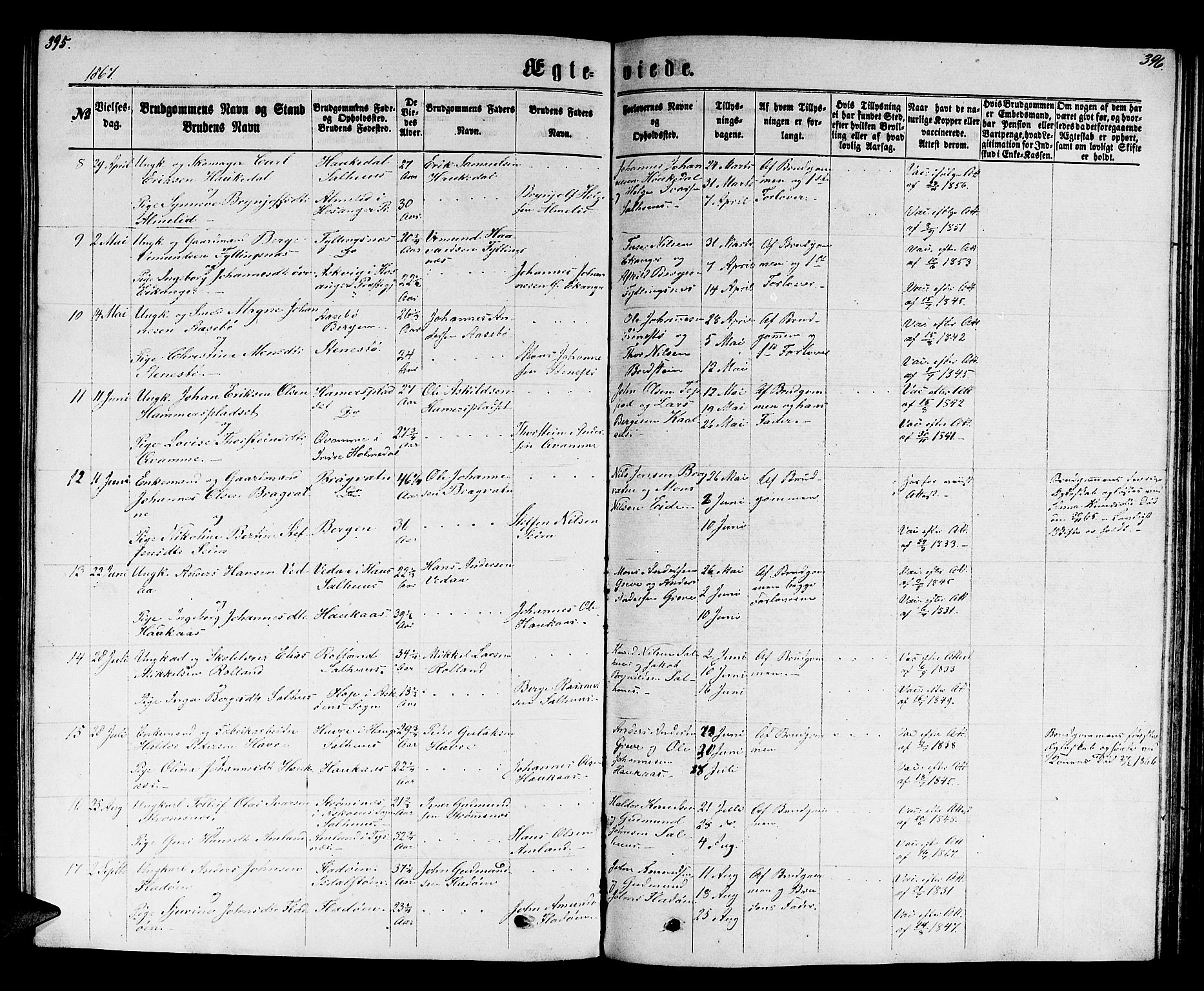 Hamre sokneprestembete, SAB/A-75501/H/Ha/Hab: Parish register (copy) no. B 2, 1863-1880, p. 395-396