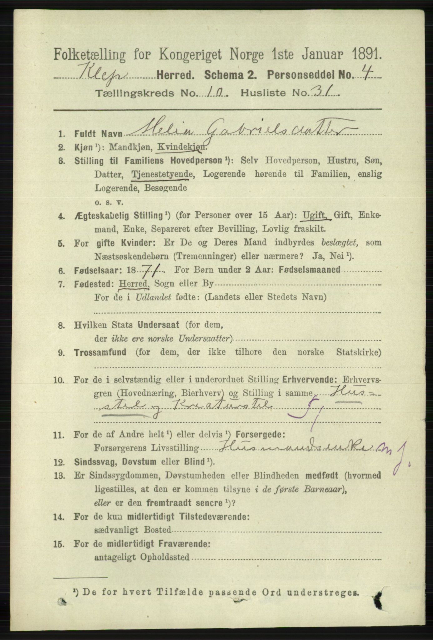 RA, 1891 census for 1120 Klepp, 1891, p. 3049