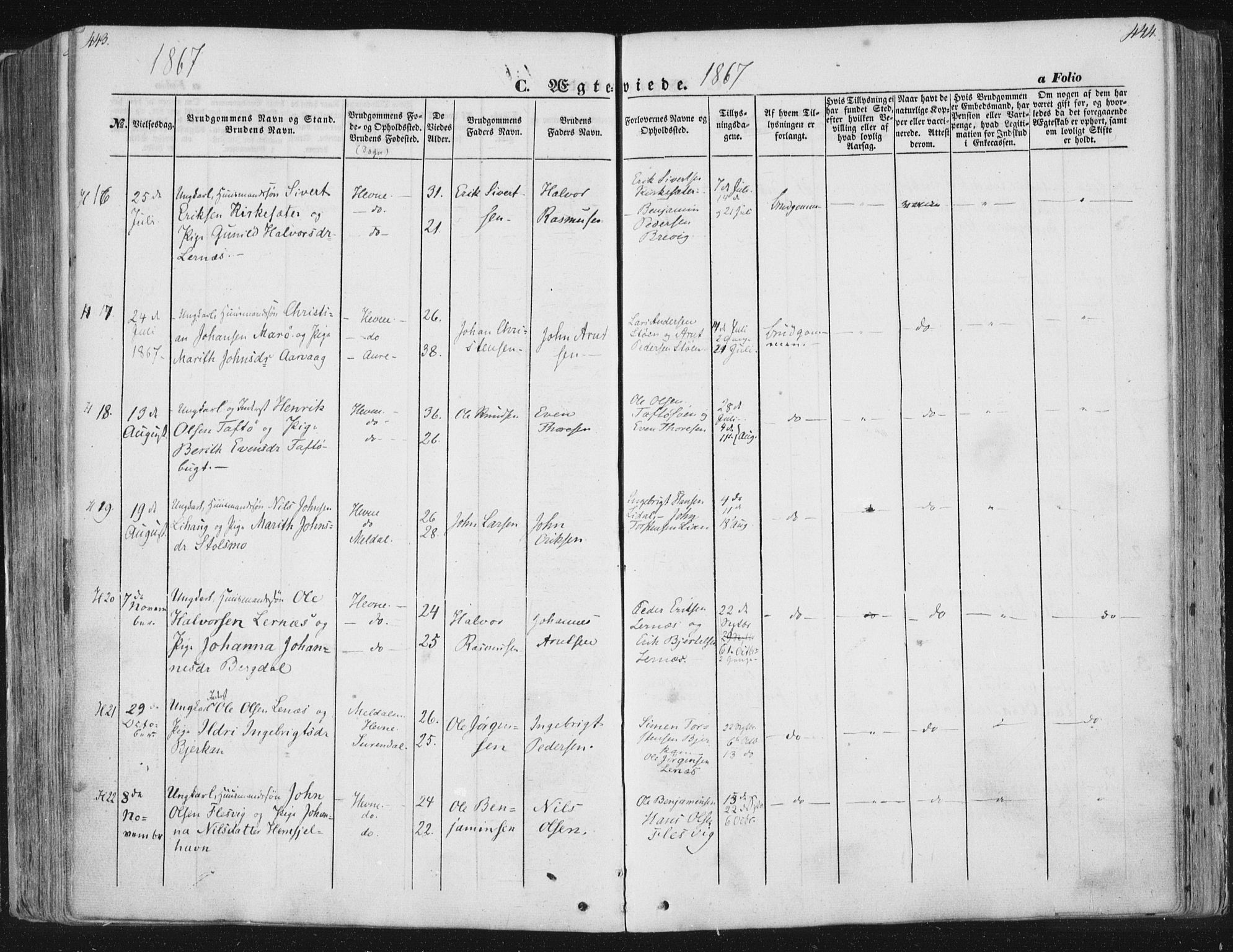 Ministerialprotokoller, klokkerbøker og fødselsregistre - Sør-Trøndelag, SAT/A-1456/630/L0494: Parish register (official) no. 630A07, 1852-1868, p. 443-444