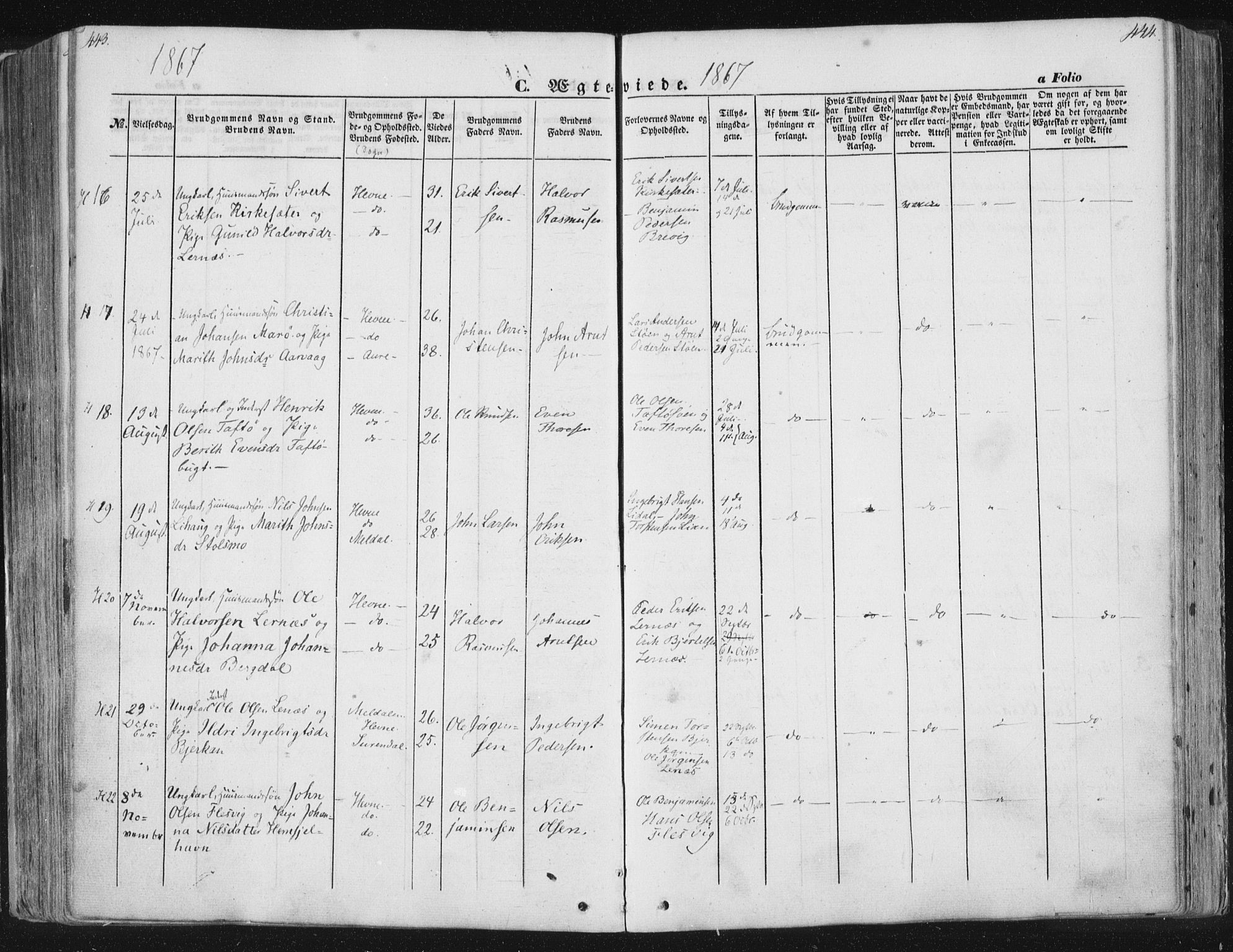 Ministerialprotokoller, klokkerbøker og fødselsregistre - Sør-Trøndelag, AV/SAT-A-1456/630/L0494: Parish register (official) no. 630A07, 1852-1868, p. 443-444