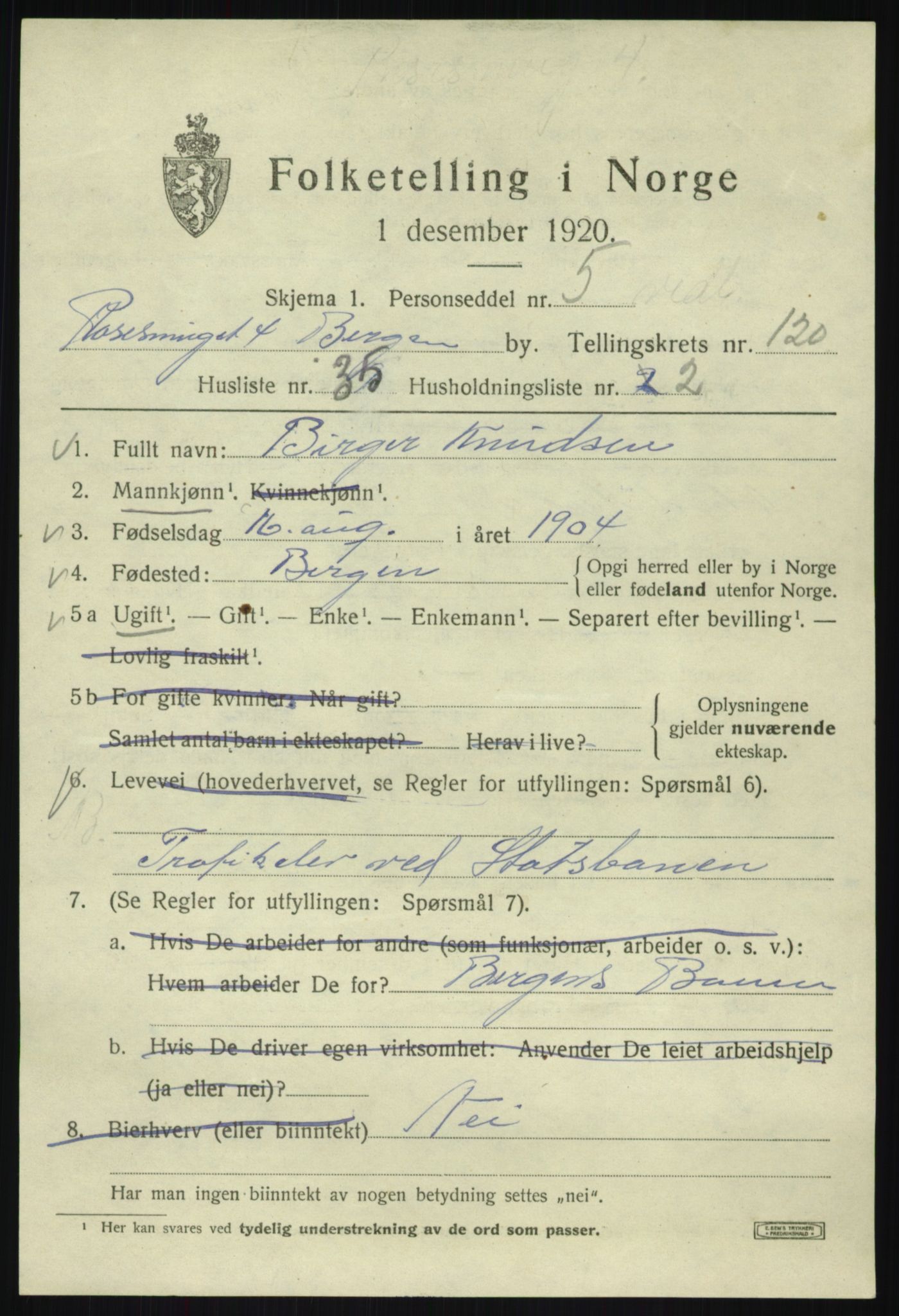 SAB, 1920 census for Bergen, 1920, p. 202034