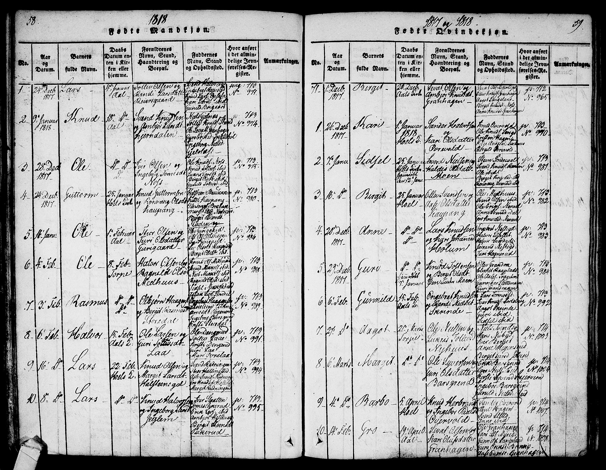Ål kirkebøker, SAKO/A-249/F/Fa/L0004: Parish register (official) no. I 4, 1815-1825, p. 58-59