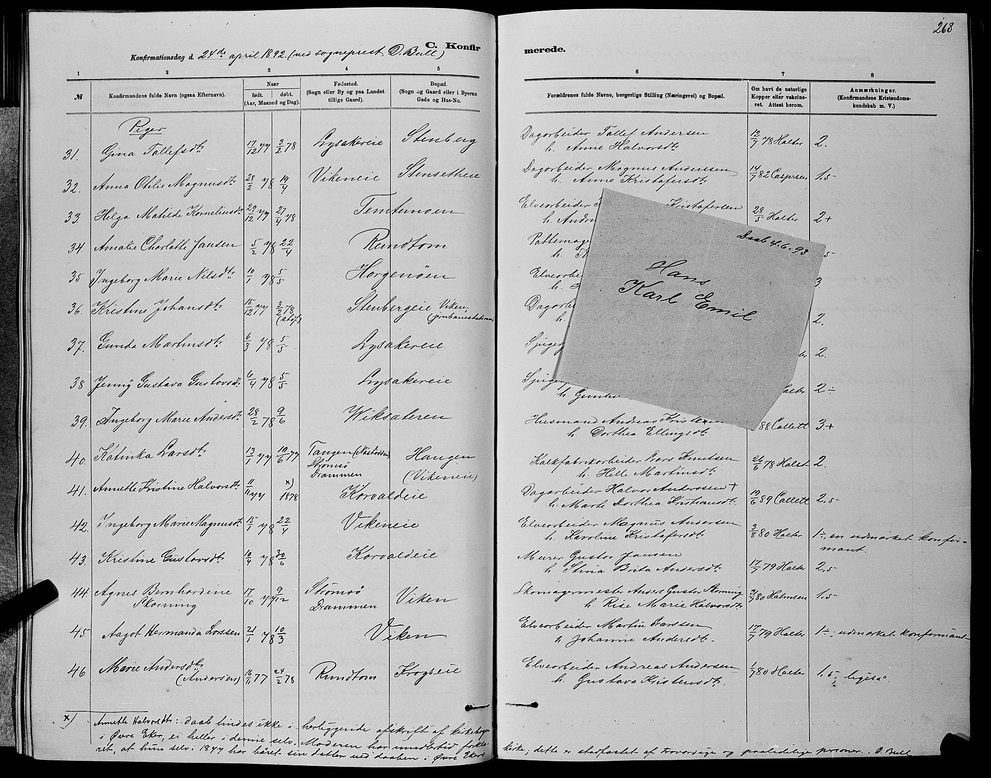 Nedre Eiker kirkebøker, SAKO/A-612/G/Ga/L0002: Parish register (copy) no. 2, 1880-1896, p. 268