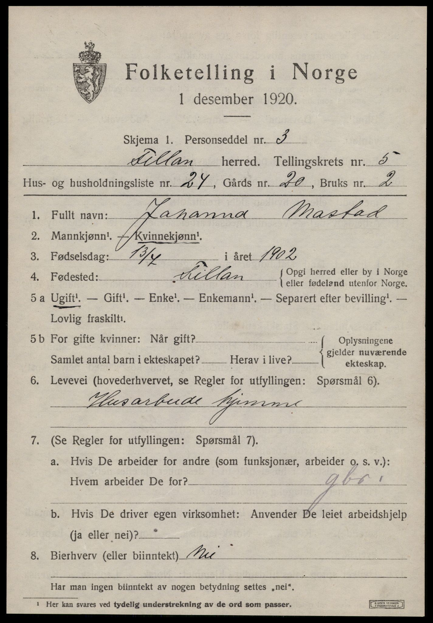 SAT, 1920 census for Fillan, 1920, p. 2626