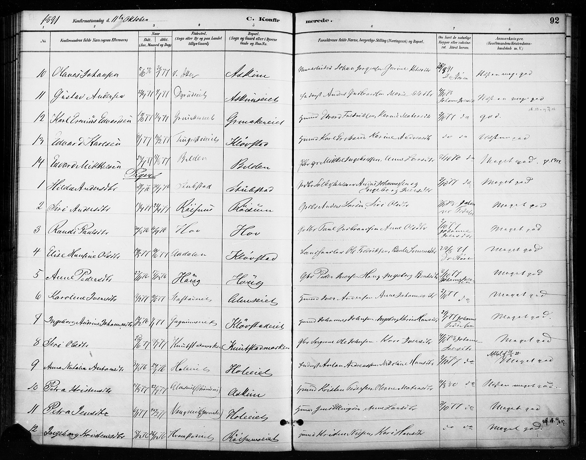 Gran prestekontor, SAH/PREST-112/H/Ha/Haa/L0018: Parish register (official) no. 18, 1889-1899, p. 92