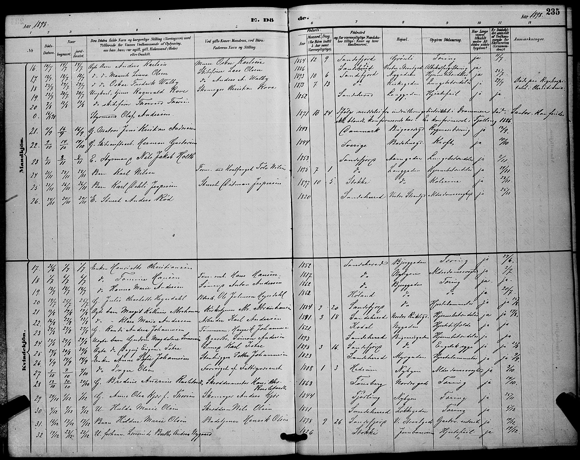 Sandefjord kirkebøker, AV/SAKO-A-315/G/Ga/L0001: Parish register (copy) no. 1, 1885-1903, p. 235