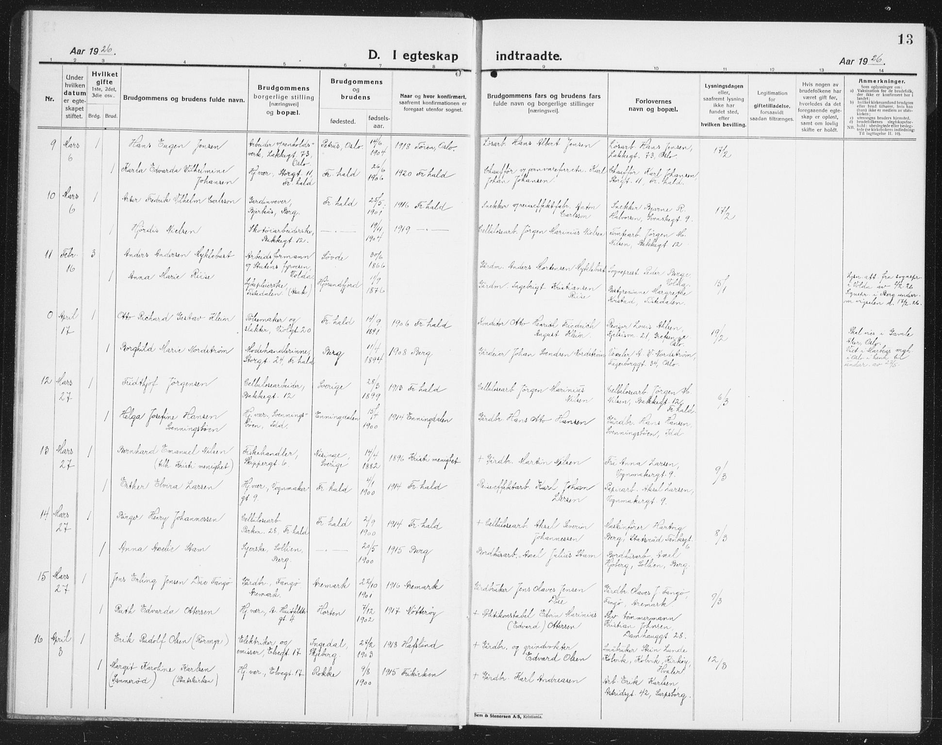 Halden prestekontor Kirkebøker, AV/SAO-A-10909/G/Ga/L0014: Parish register (copy) no. 14, 1925-1943, p. 13