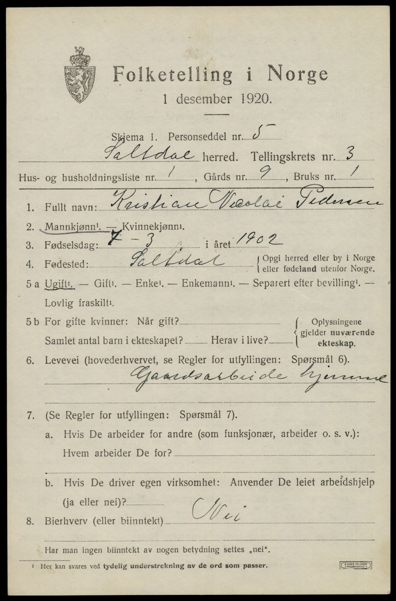 SAT, 1920 census for Saltdal, 1920, p. 4369