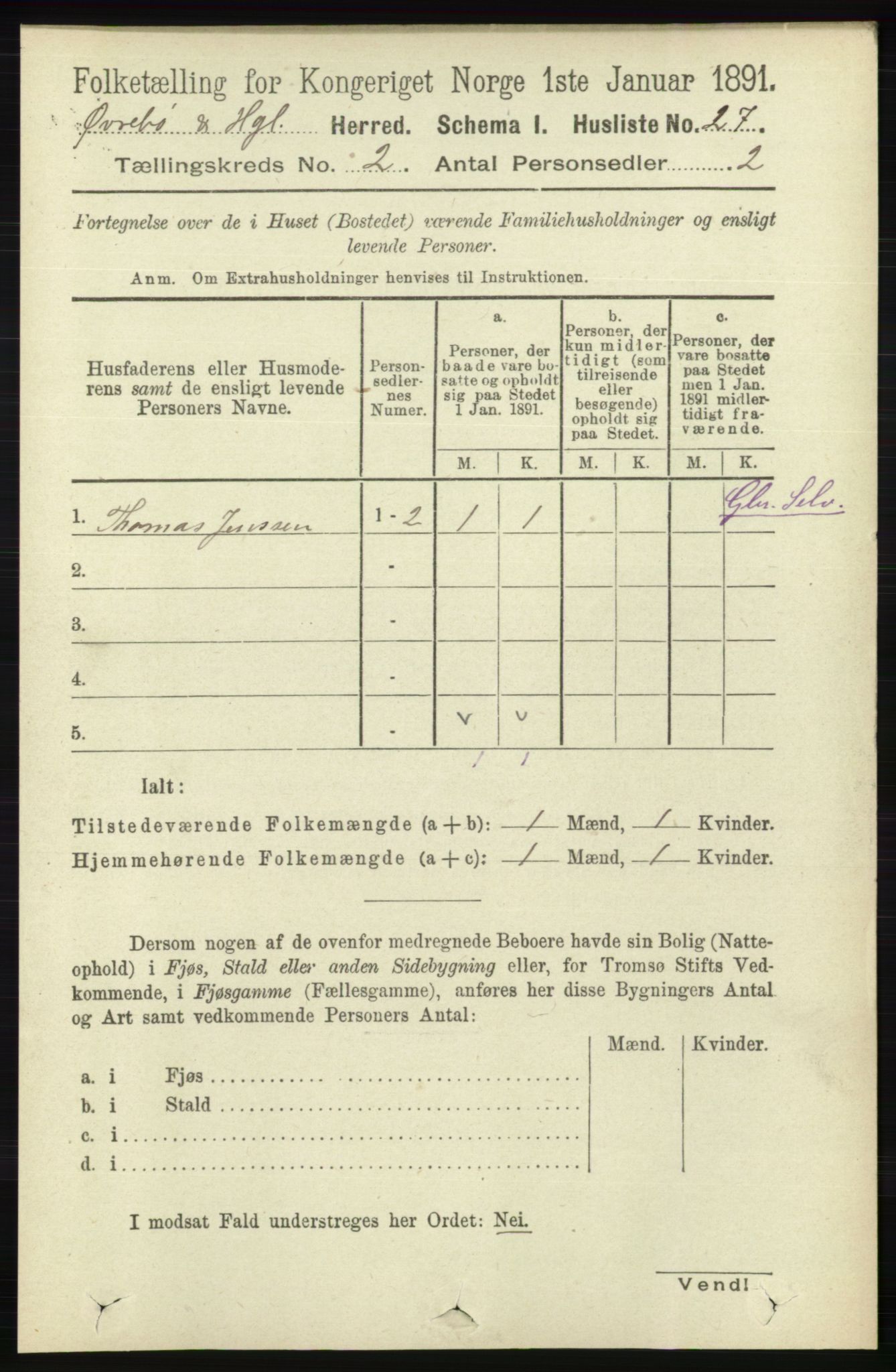 RA, 1891 census for 1016 Øvrebø og Hægeland, 1891, p. 309