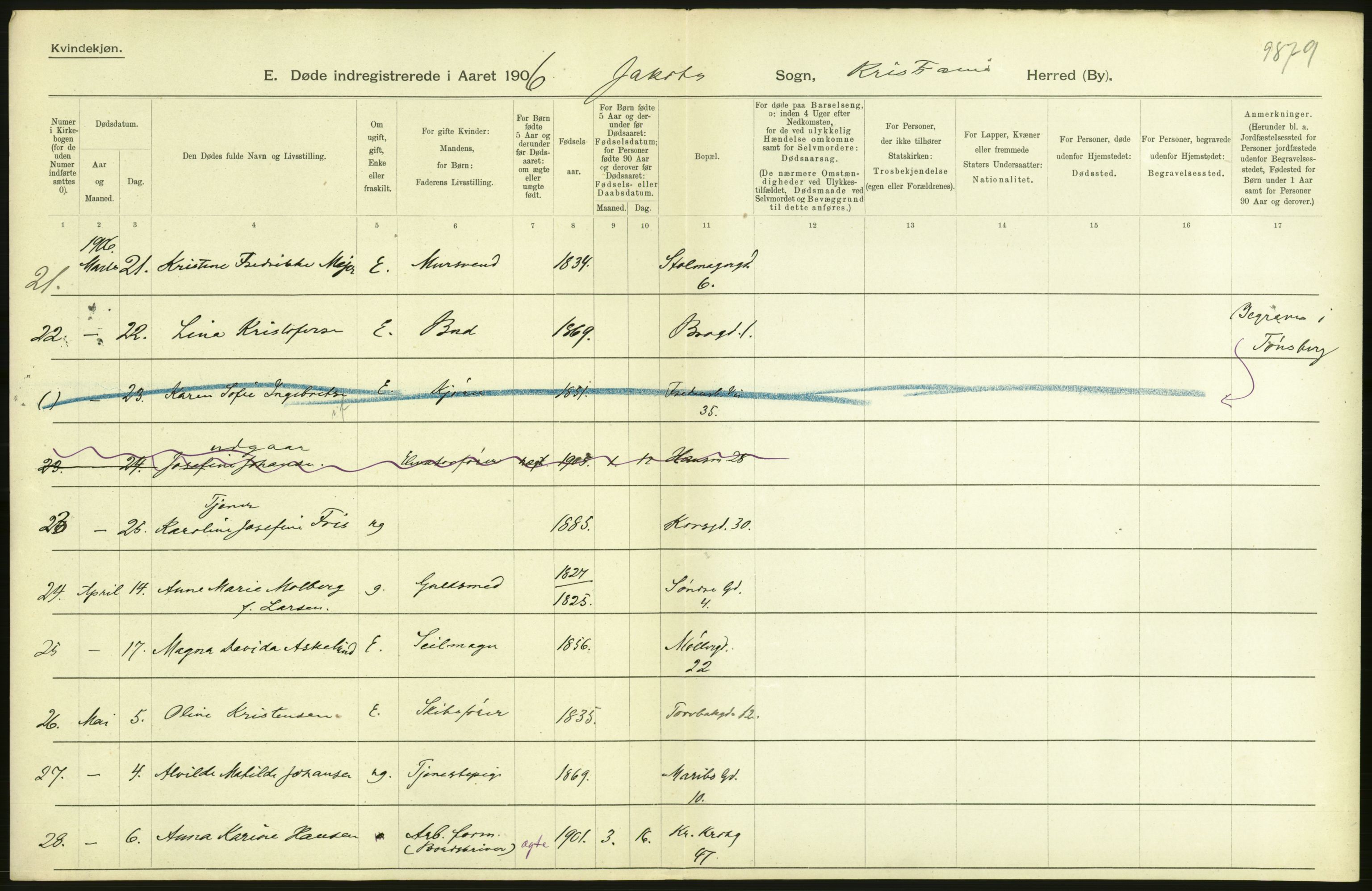 Statistisk sentralbyrå, Sosiodemografiske emner, Befolkning, AV/RA-S-2228/D/Df/Dfa/Dfad/L0009: Kristiania: Døde, 1906, p. 88