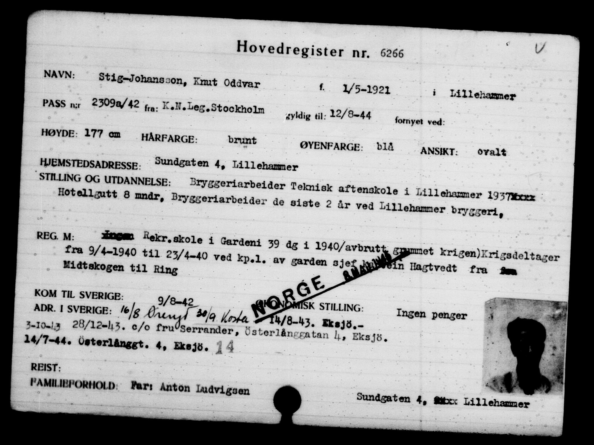 Utenriksstasjonene, Legasjonen i Stockholm, Flyktningkontoret, AV/RA-S-6753/V/Va/L0004: Kjesäterkartoteket, flyktninger med registreringsnr. 3496-6610, 1940-1945, p. 3260