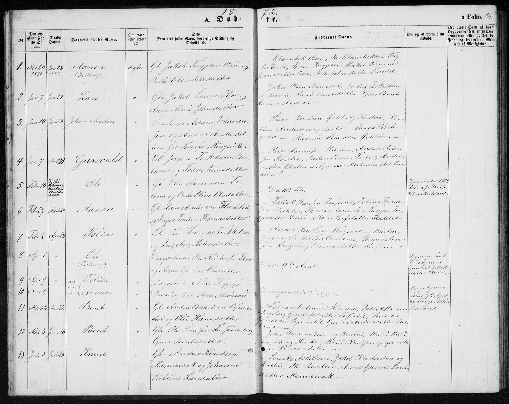 Holum sokneprestkontor, AV/SAK-1111-0022/F/Fb/Fbc/L0002: Parish register (copy) no. B 2, 1860-1882, p. 16