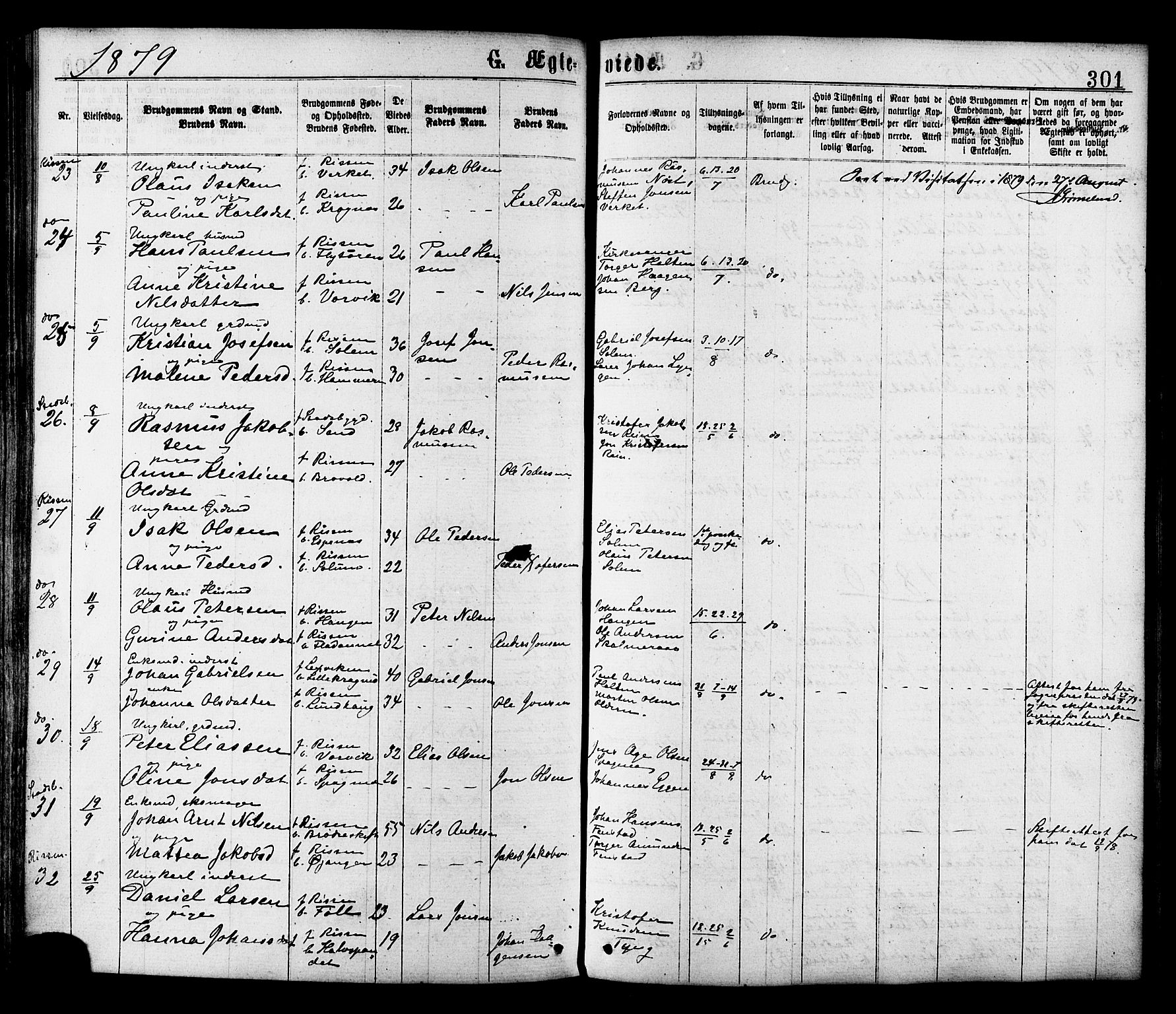 Ministerialprotokoller, klokkerbøker og fødselsregistre - Sør-Trøndelag, AV/SAT-A-1456/646/L0613: Parish register (official) no. 646A11, 1870-1884, p. 301