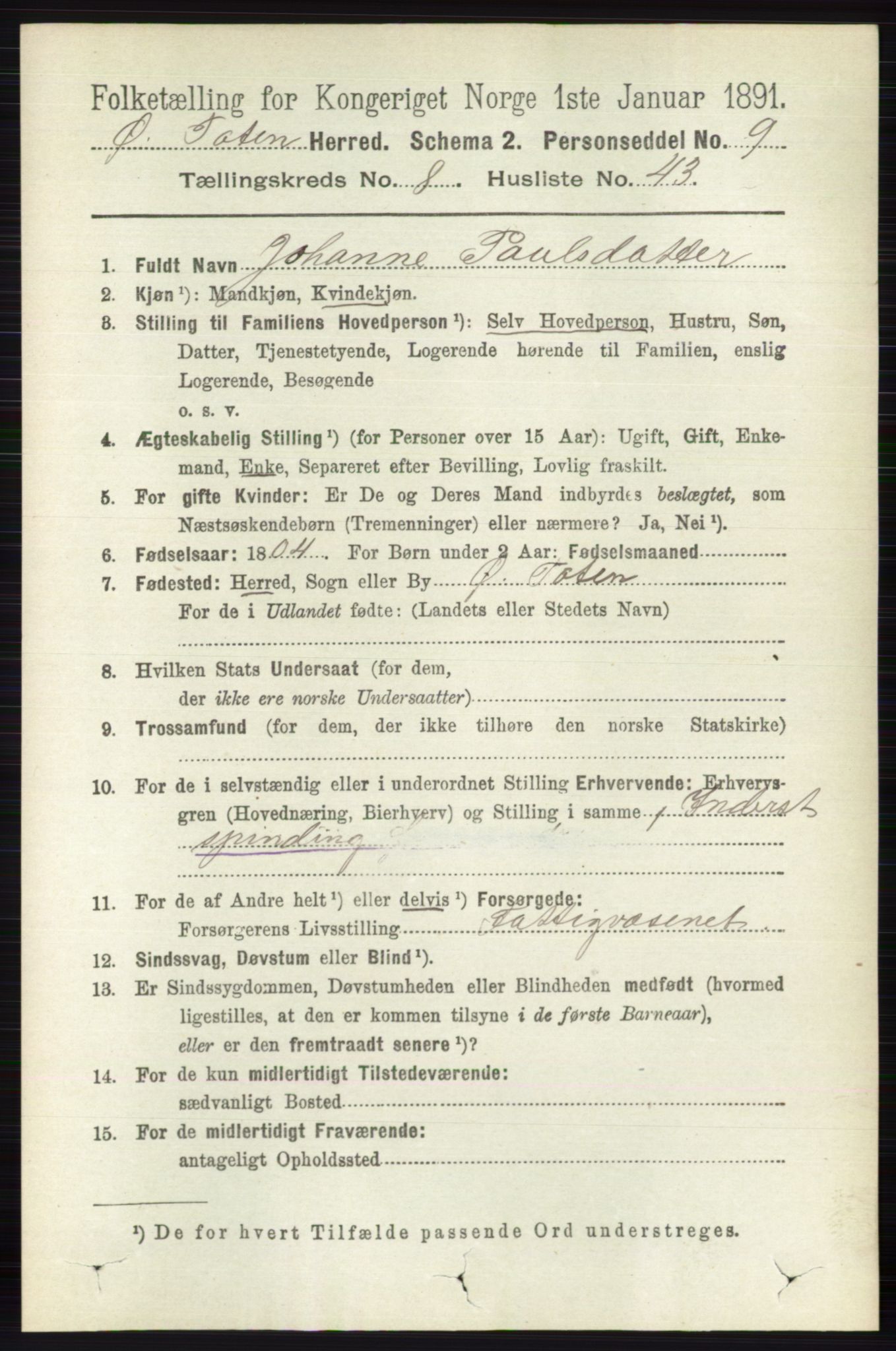 RA, 1891 census for 0528 Østre Toten, 1891, p. 5256