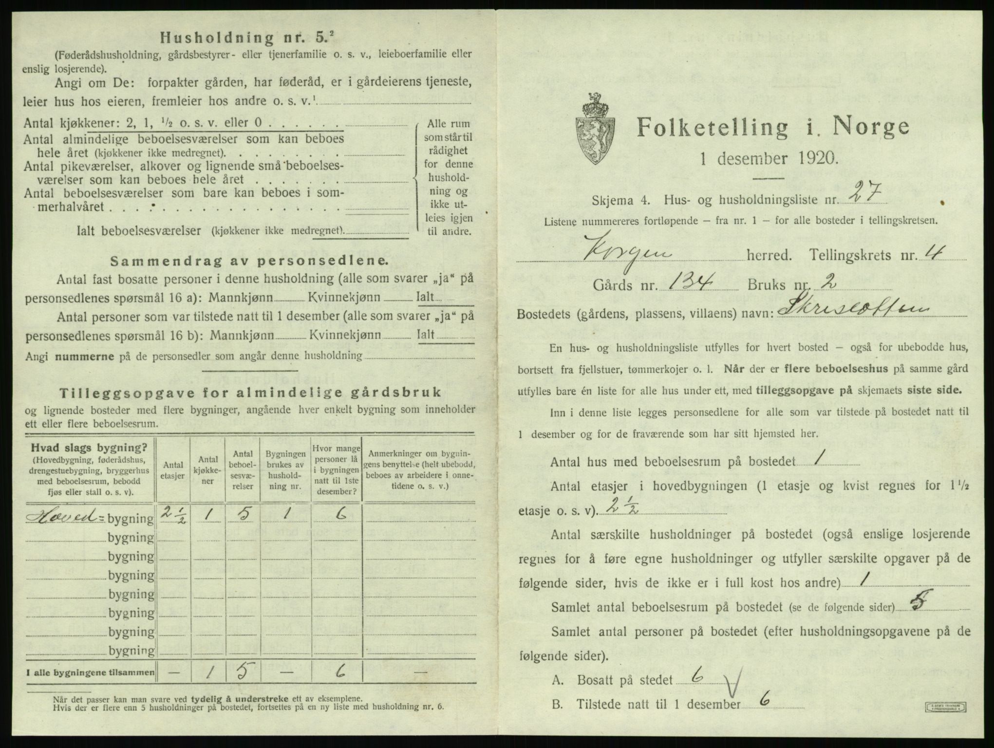 SAT, 1920 census for Korgen, 1920, p. 294