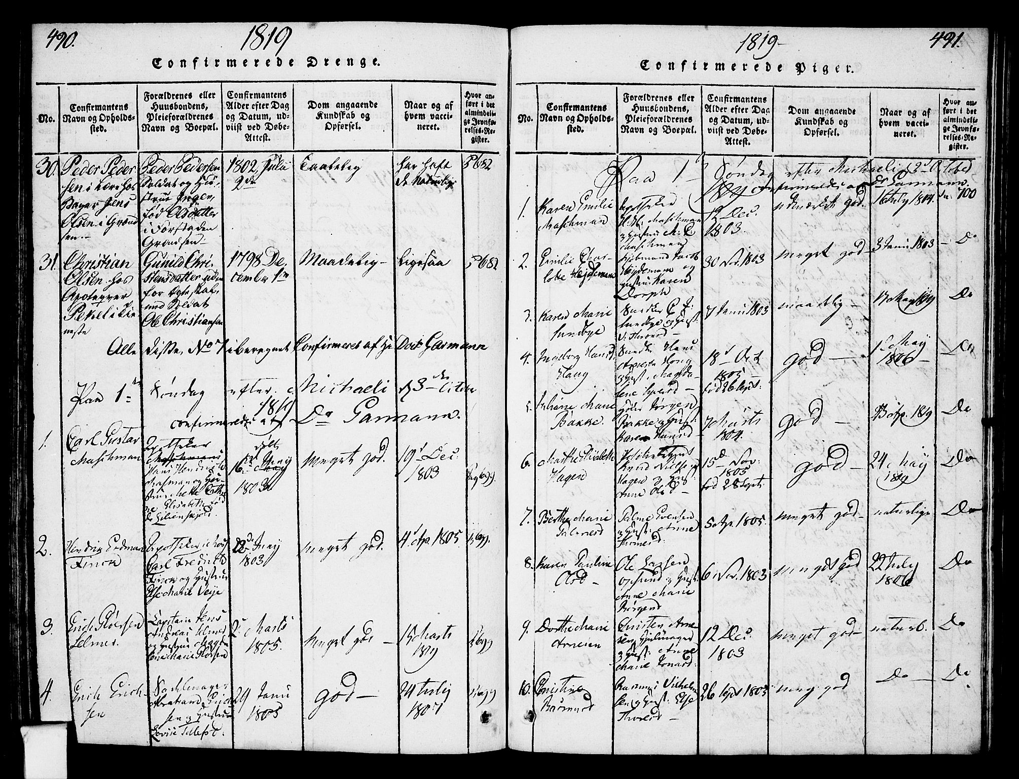Oslo domkirke Kirkebøker, SAO/A-10752/F/Fa/L0007: Parish register (official) no. 7, 1817-1824, p. 490-491