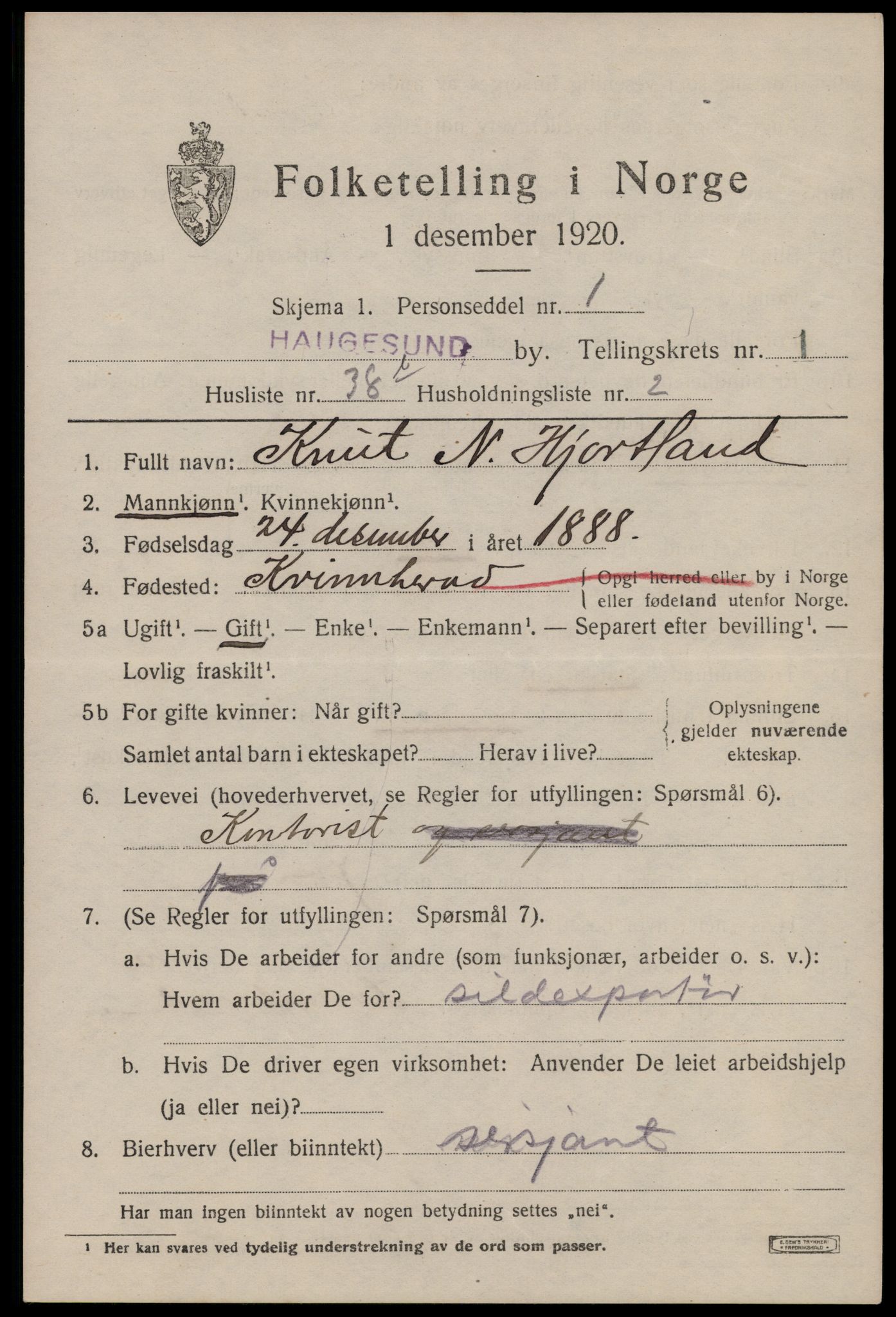 SAST, 1920 census for Haugesund, 1920, p. 12117