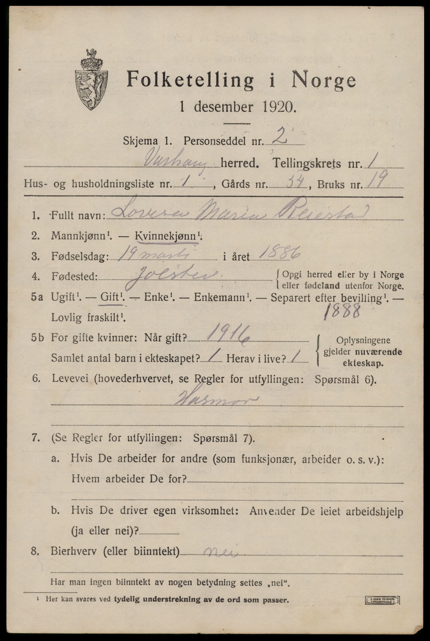 SAST, 1920 census for Varhaug, 1920, p. 805