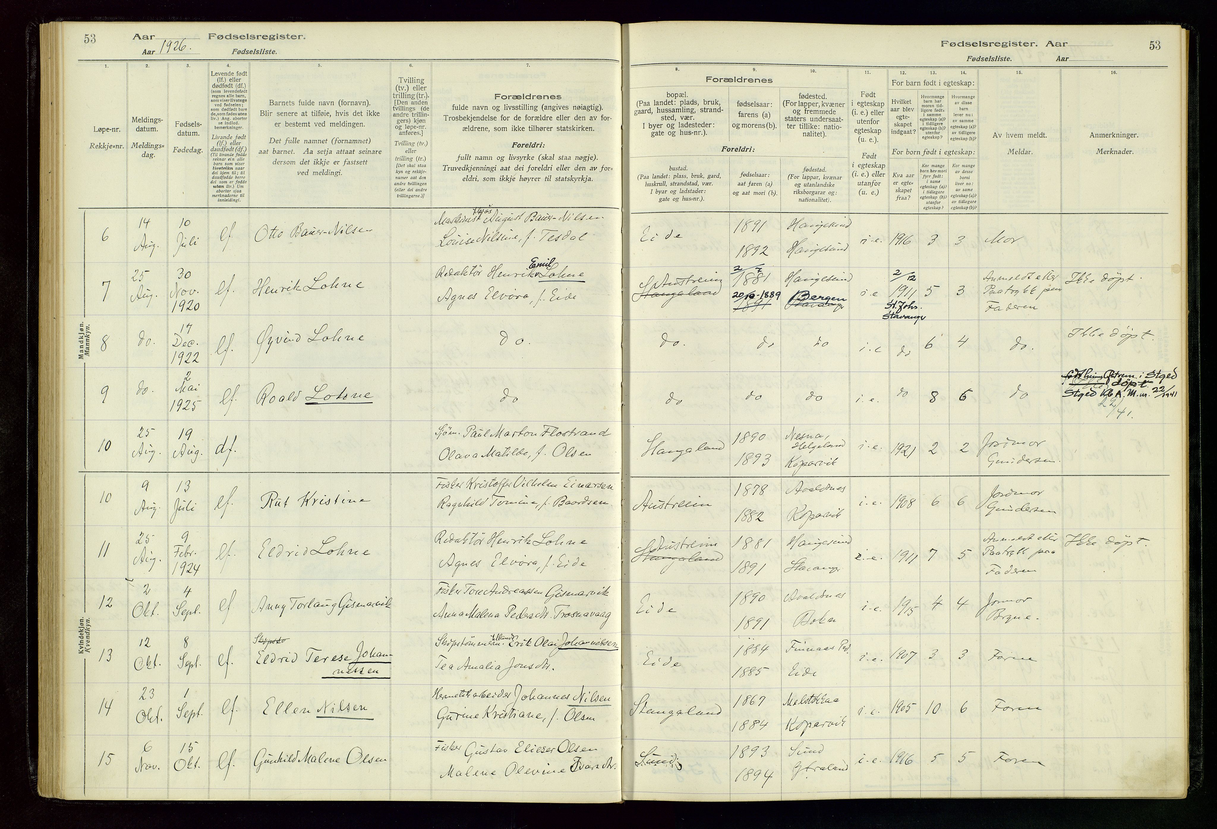 Kopervik sokneprestkontor, SAST/A-101850/I/Id/L0004: Birth register no. 4, 1916-1958, p. 53