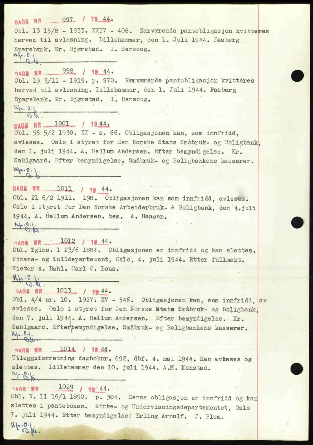 Sør-Gudbrandsdal tingrett, SAH/TING-004/H/Hb/Hbf/L0002: Mortgage book no. C1, 1938-1951, Diary no: : 997/1944