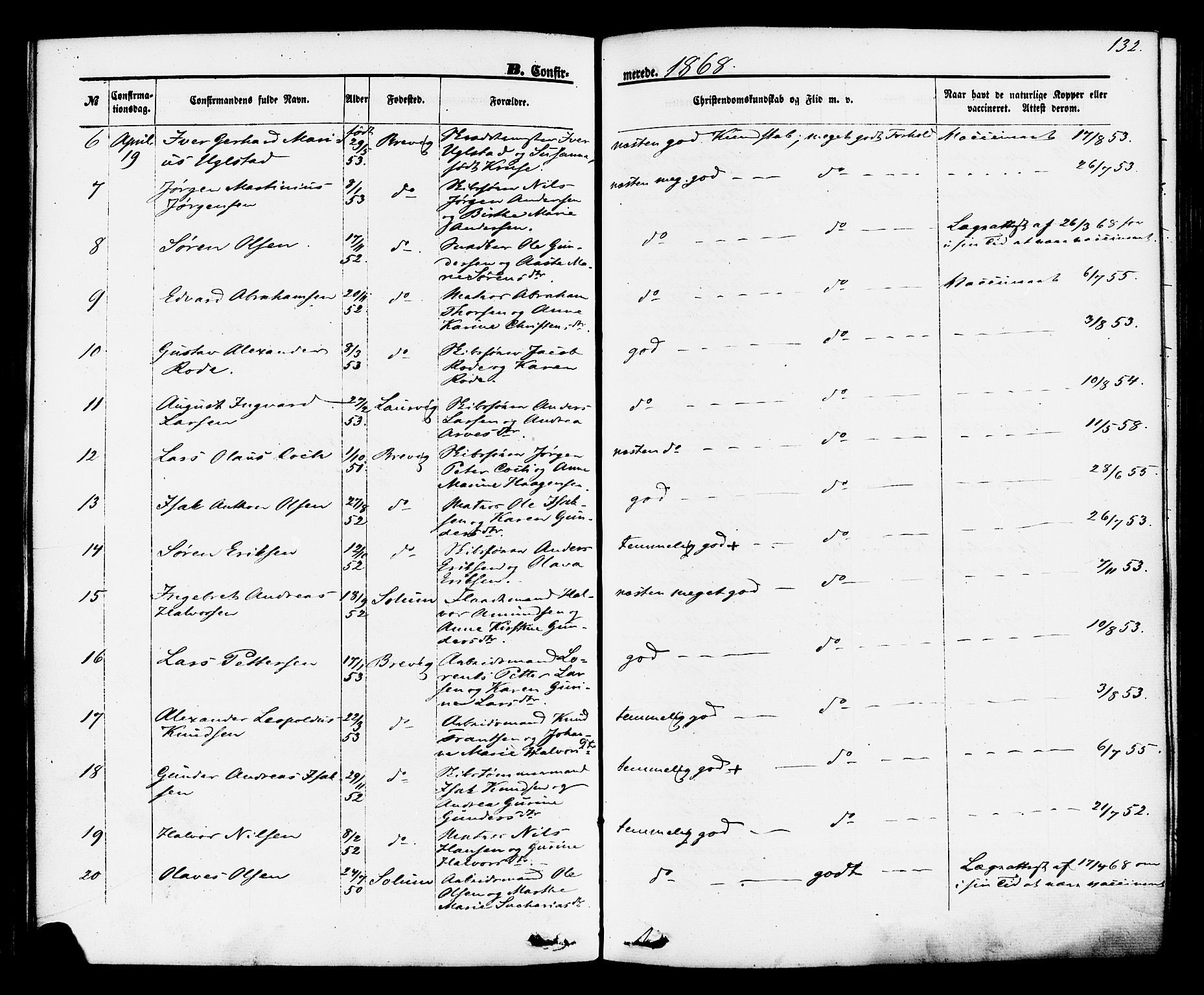 Brevik kirkebøker, AV/SAKO-A-255/F/Fa/L0006: Parish register (official) no. 6, 1866-1881, p. 132