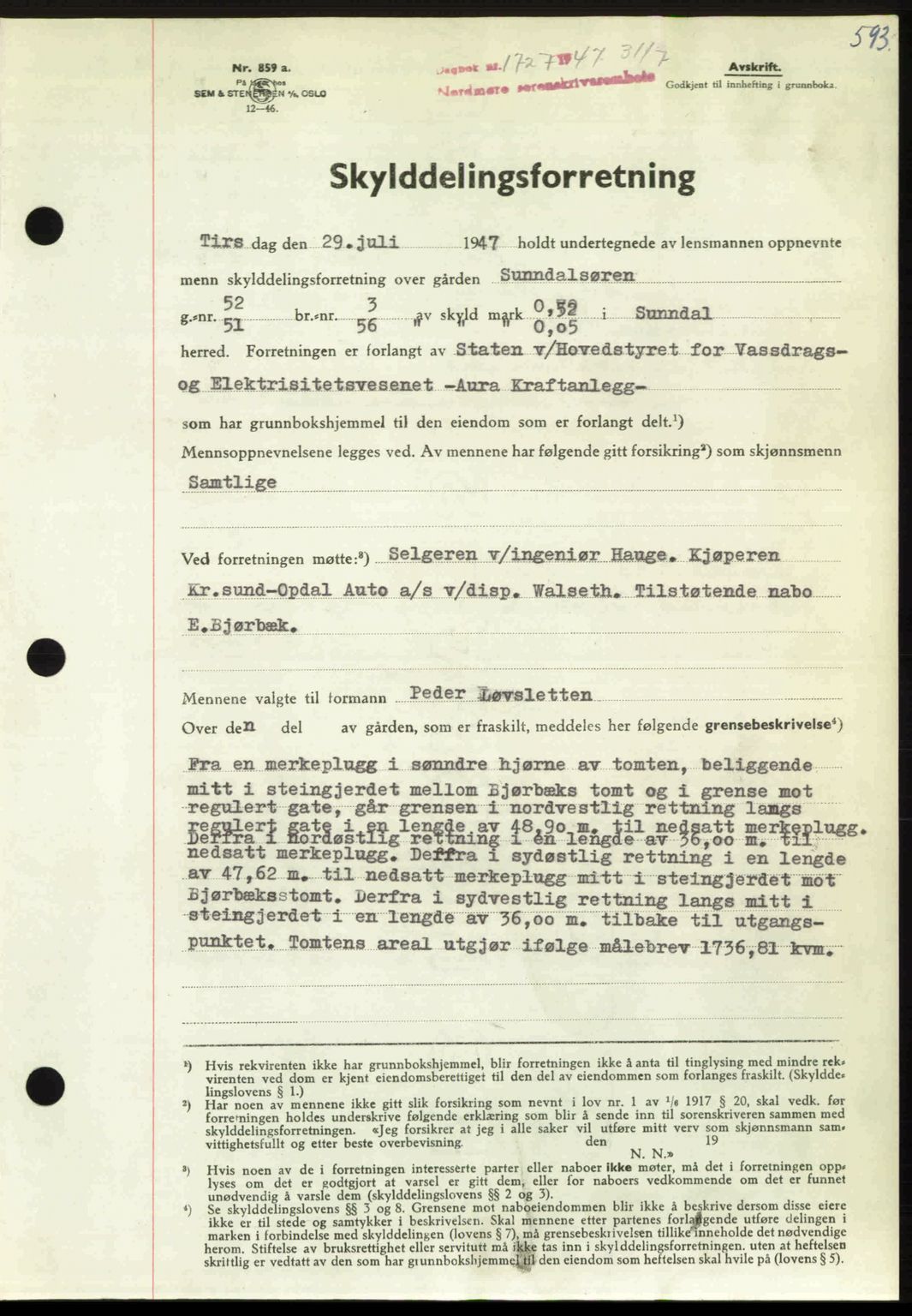 Nordmøre sorenskriveri, AV/SAT-A-4132/1/2/2Ca: Mortgage book no. A105, 1947-1947, Diary no: : 1727/1947