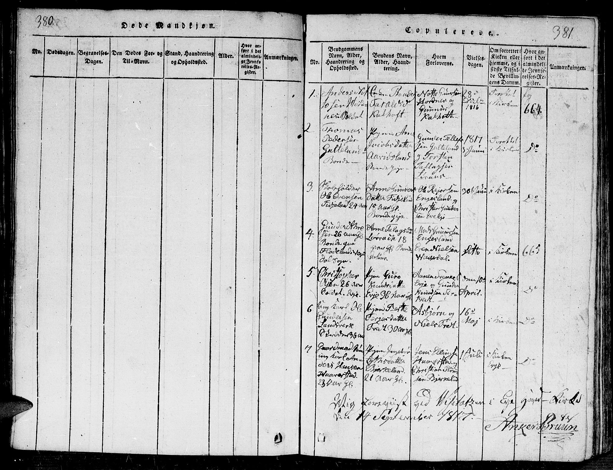 Evje sokneprestkontor, SAK/1111-0008/F/Fb/Fba/L0001: Parish register (copy) no. B 1, 1816-1842, p. 380-381