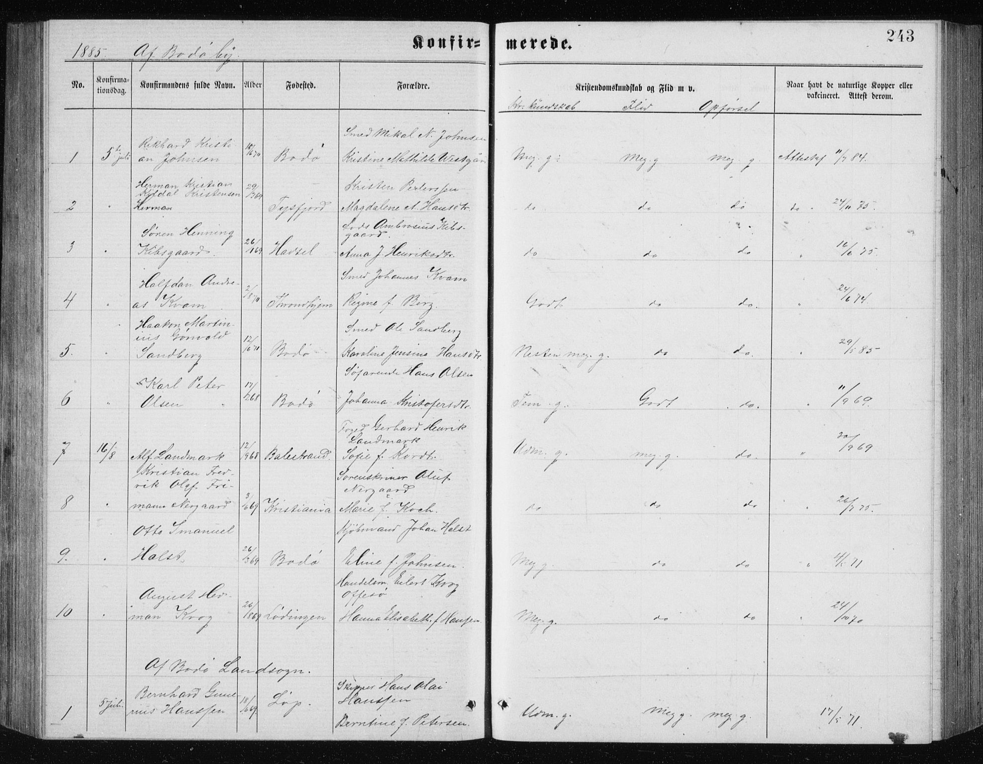 Ministerialprotokoller, klokkerbøker og fødselsregistre - Nordland, SAT/A-1459/801/L0031: Parish register (copy) no. 801C06, 1883-1887, p. 243