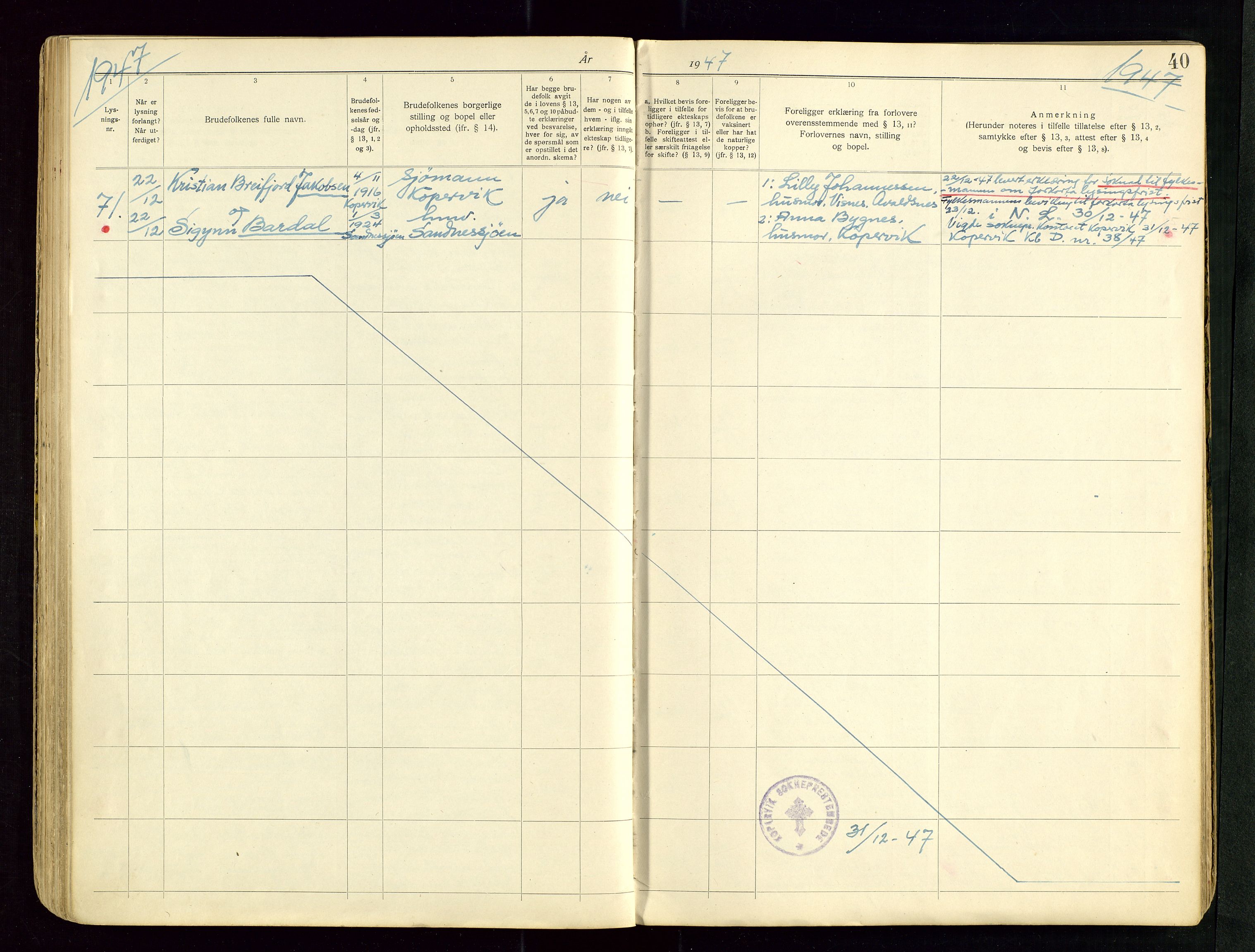 Kopervik sokneprestkontor, AV/SAST-A-101850/I/Ie/L0002: Banns register no. 2, 1940-1954, p. 40