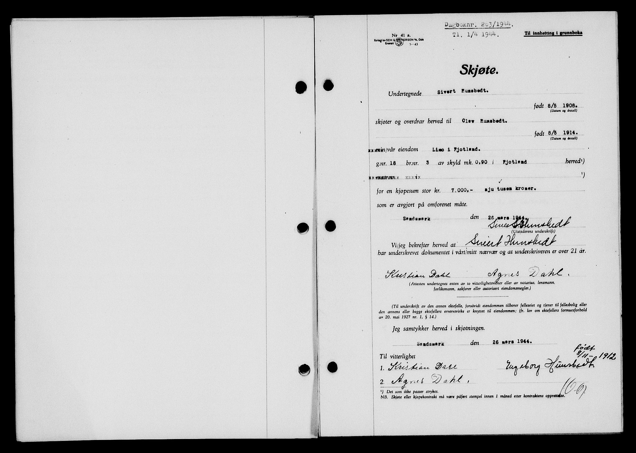 Flekkefjord sorenskriveri, SAK/1221-0001/G/Gb/Gba/L0059: Mortgage book no. A-7, 1944-1945, Diary no: : 263/1944
